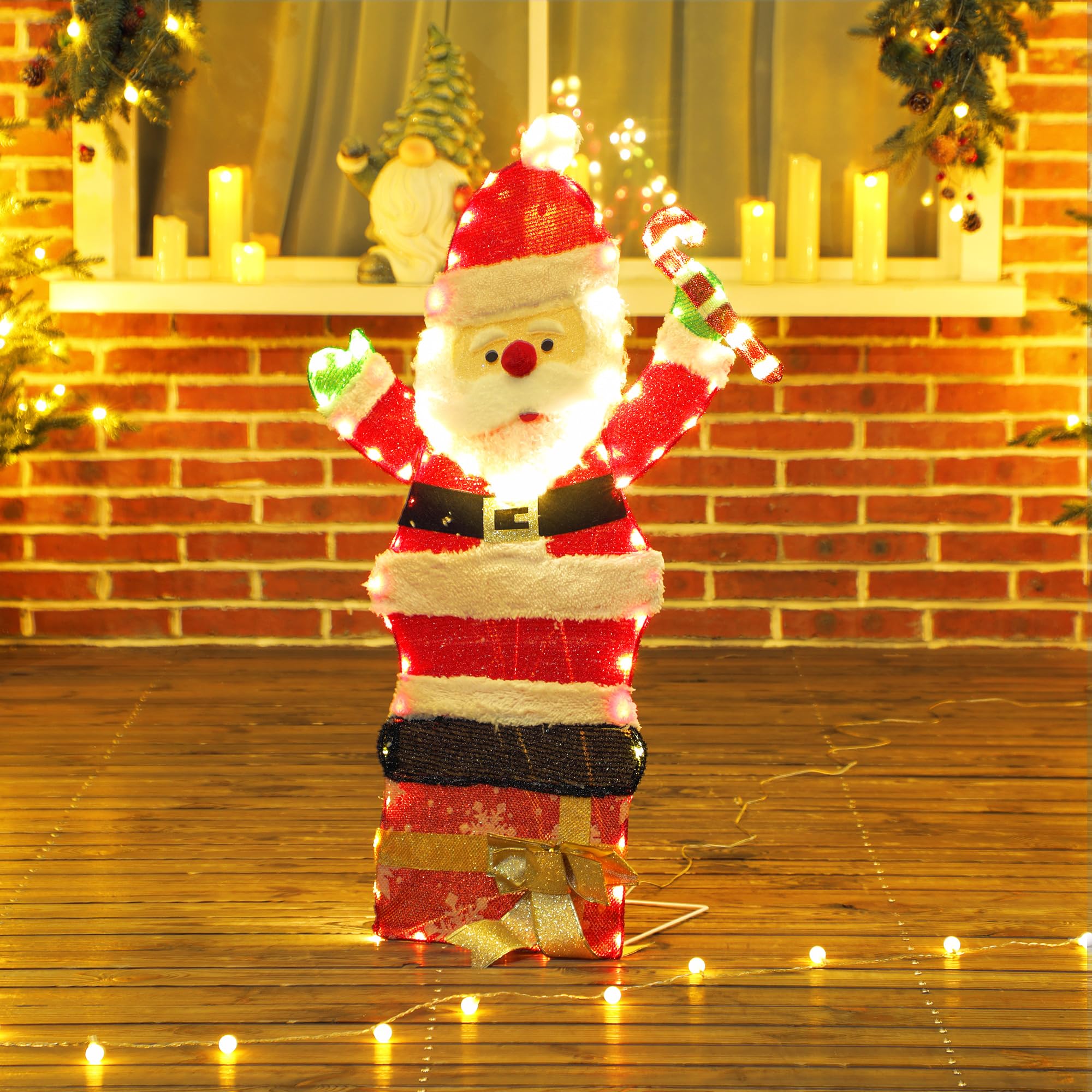 Outsunny Père Noël Lumineux de 90 cm avec 97 LED Blanc Chaud, Piquets, IP44 | Décoration Noël Personnage, Attaches Zippées, Intérieur, Extérieur