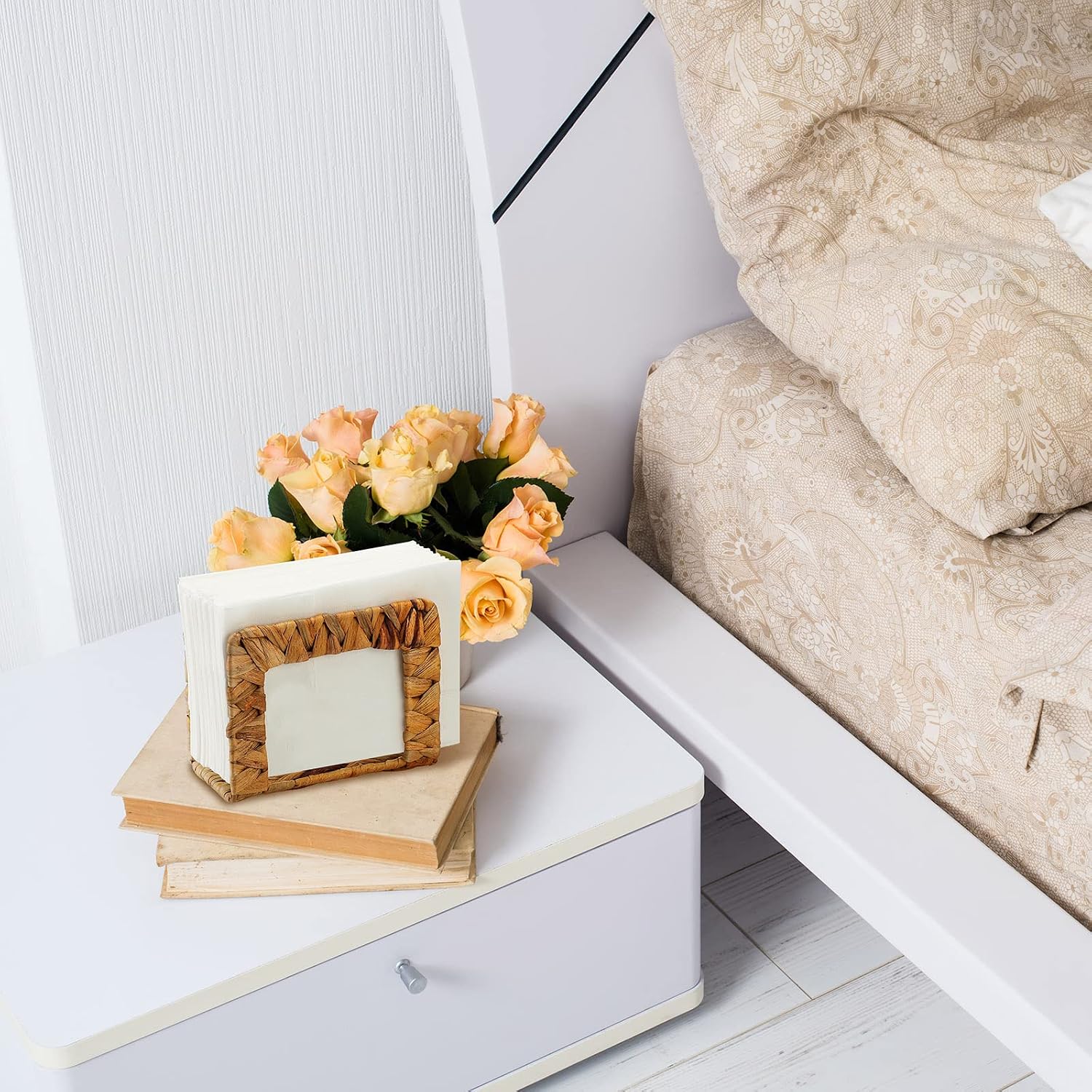 Glenmal Rattan Napkin Dispenser - Freestanding Water Hyacinth Napkin Holder - French Country Vintage Towel Organizer - Boho Kitchen Picnic Decoration