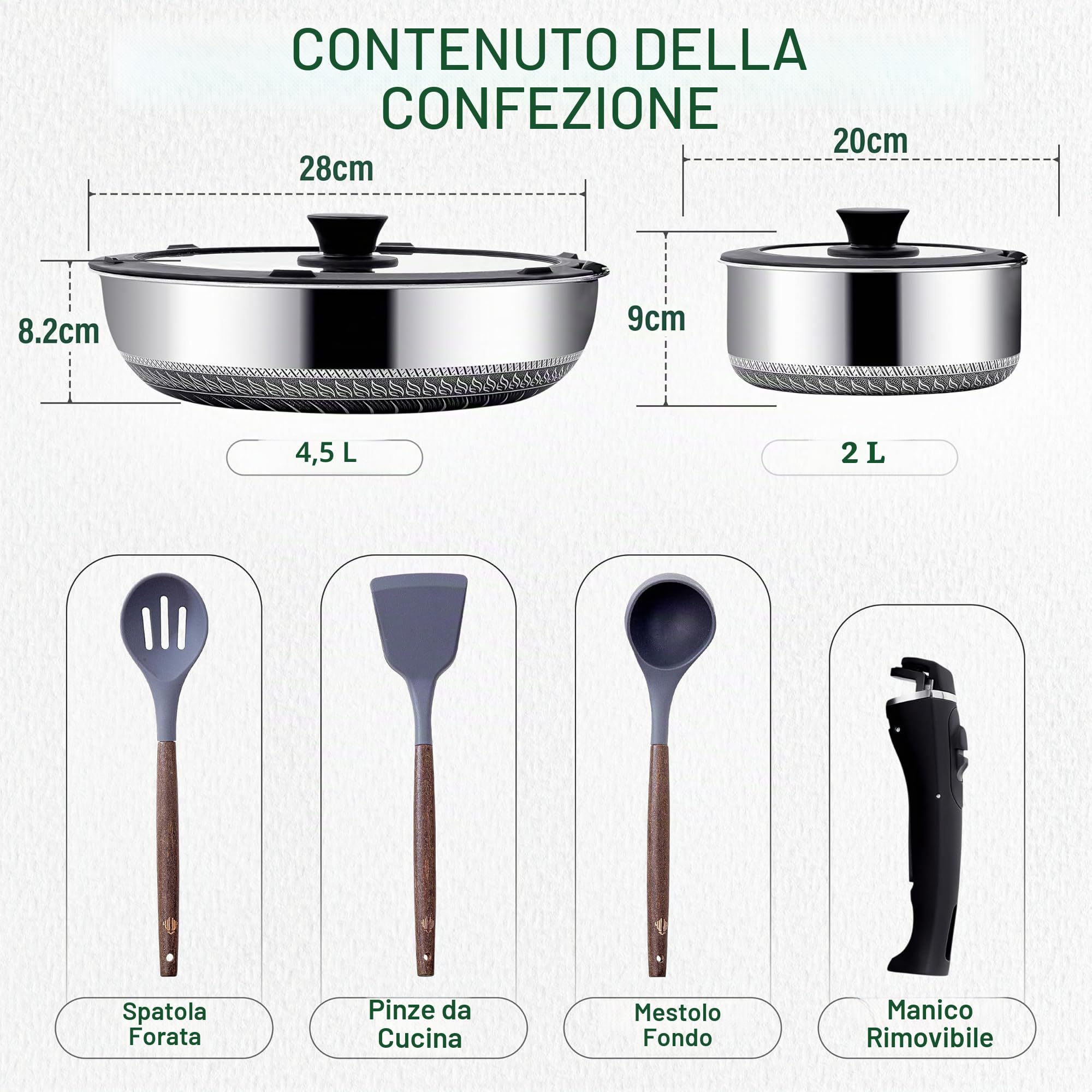 Set di pentole con manico intelligente rimovibile, 8 pezzi, set di pentole da campeggio impilabili, pentole e padelle salvaspazio, set da cucina in acciaio inossidabile, padella profonda 28 cm 4,5 l