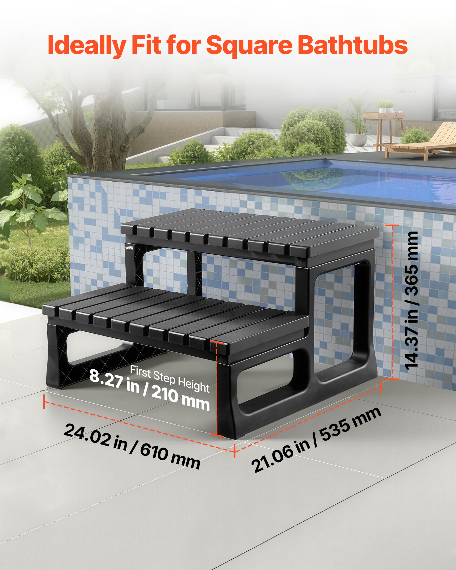 VEVOR Escalera de Piscina de 2 Peldaños para Bañera, PP, para Piscinas Elevadas/Inflables con Capacidad de Carga de 145,15 kg, Versátil para Porches, Patios y Autocaravanas, 610 x 535 x 365 mm