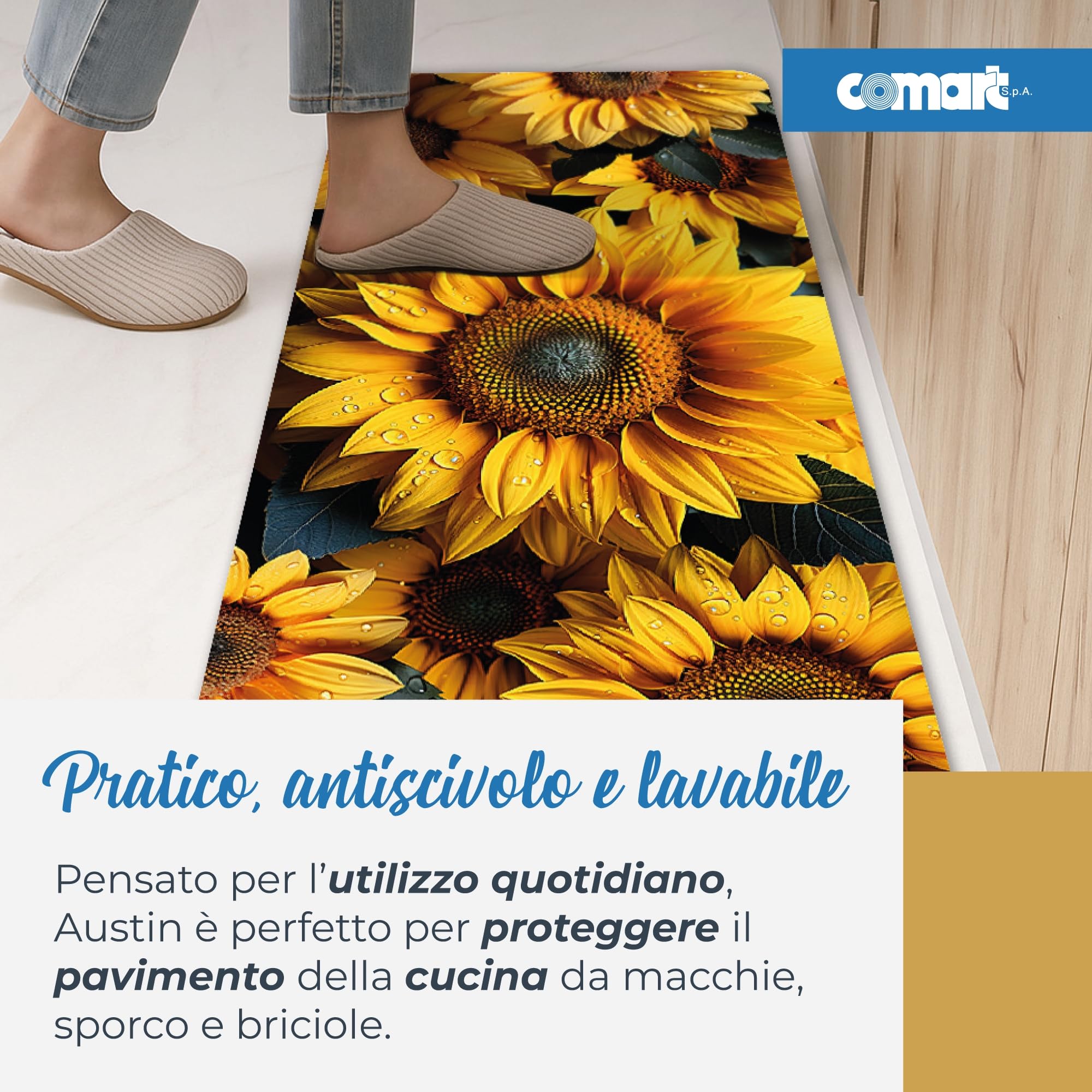 Comart - Tappeto Cucina Austin - Impermeabile - Antiscivolo - Antimacchia - Lavabile in Lavatrice - Passatoia in Poliestere - per Corridoio e Cucina - Made in Italy - Fiori Girasoli - 50x130 cm
