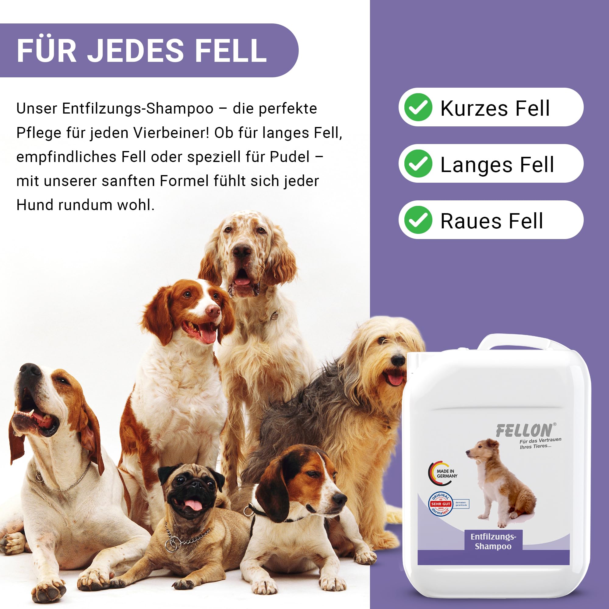 Fellon Champú desenredante para perros – Cuidado suave con pH neutro para un fácil desenredado – Orgánico – Para todas las razas, pelo largo y corto – Evita enredos y picores – 10 litros