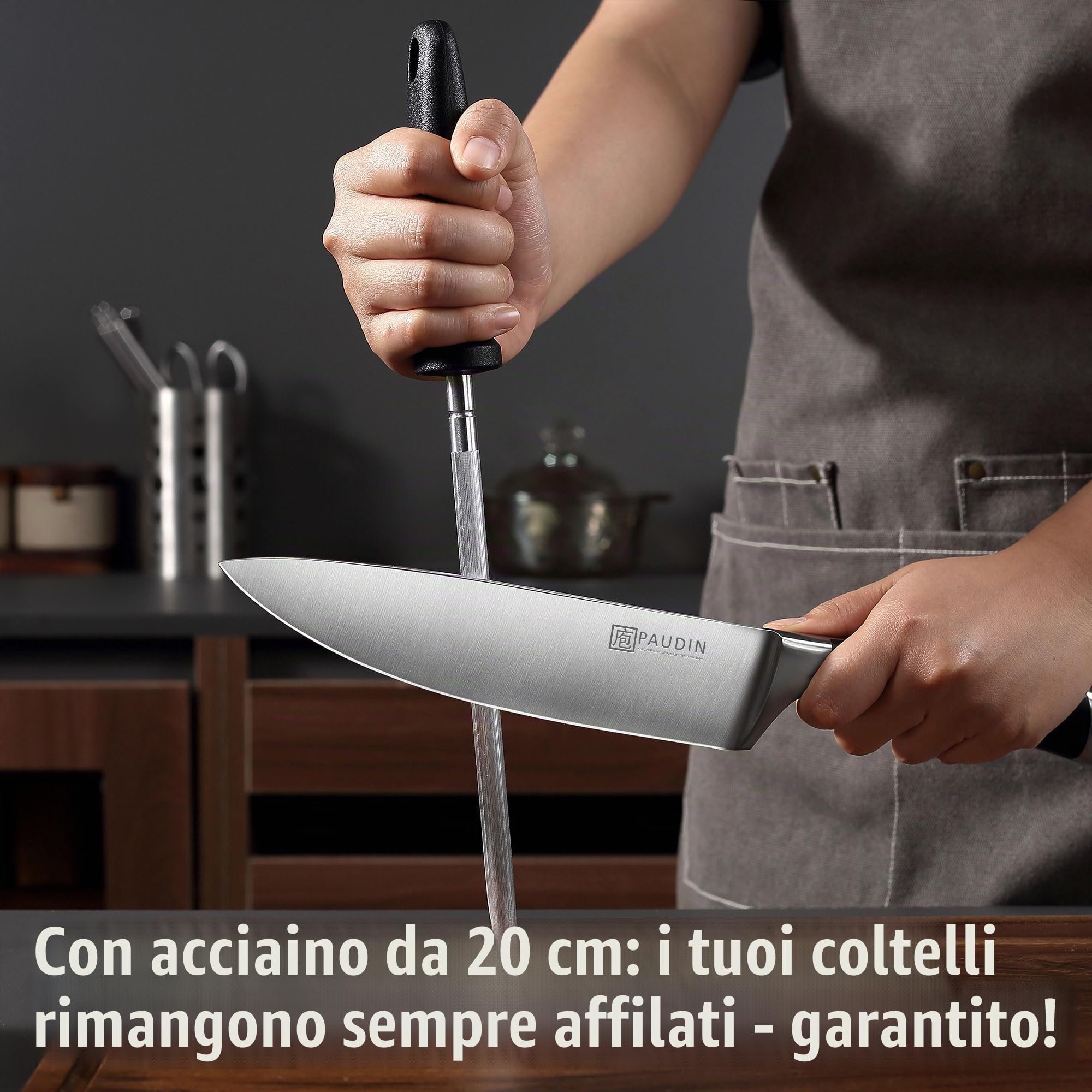 PAUDIN Ceppo coltelli set, set coltelli da cucina 7 pezzi affilati con ceppo in legno,coltello da cucina professionali con coltello da pane in acciaio inossidabile di alta qualità e manico in ABS