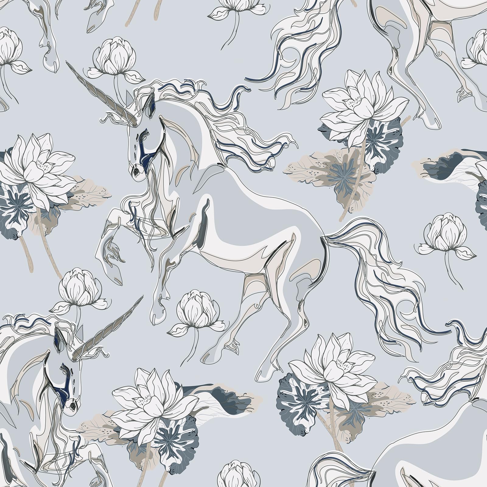 VaryStyle Whimsical Unicorn Wallpaper Grey/Cream Lotus Flower Mythical Animal Peel and Stick Wallpaper Vintage Floral Wallpaper for Bedroom 17.7"x118"