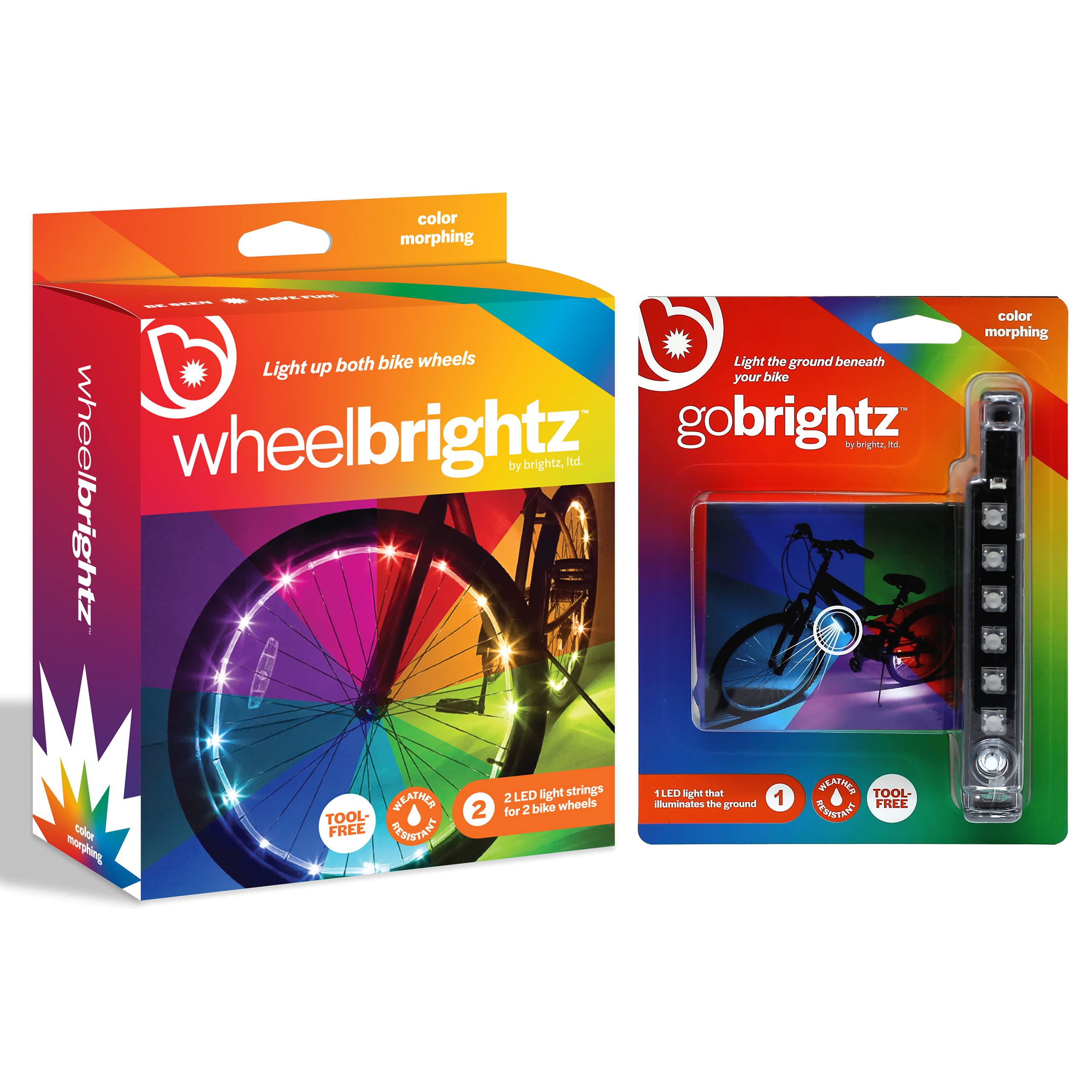 Brightz Bike Wheel Light and Frame Light Bar Bundle, Color Morphing - WheelBrightz LED Bicycle Wheel Lights for Both Wheels with GoBrightz LED Frame Mounted Bar Light