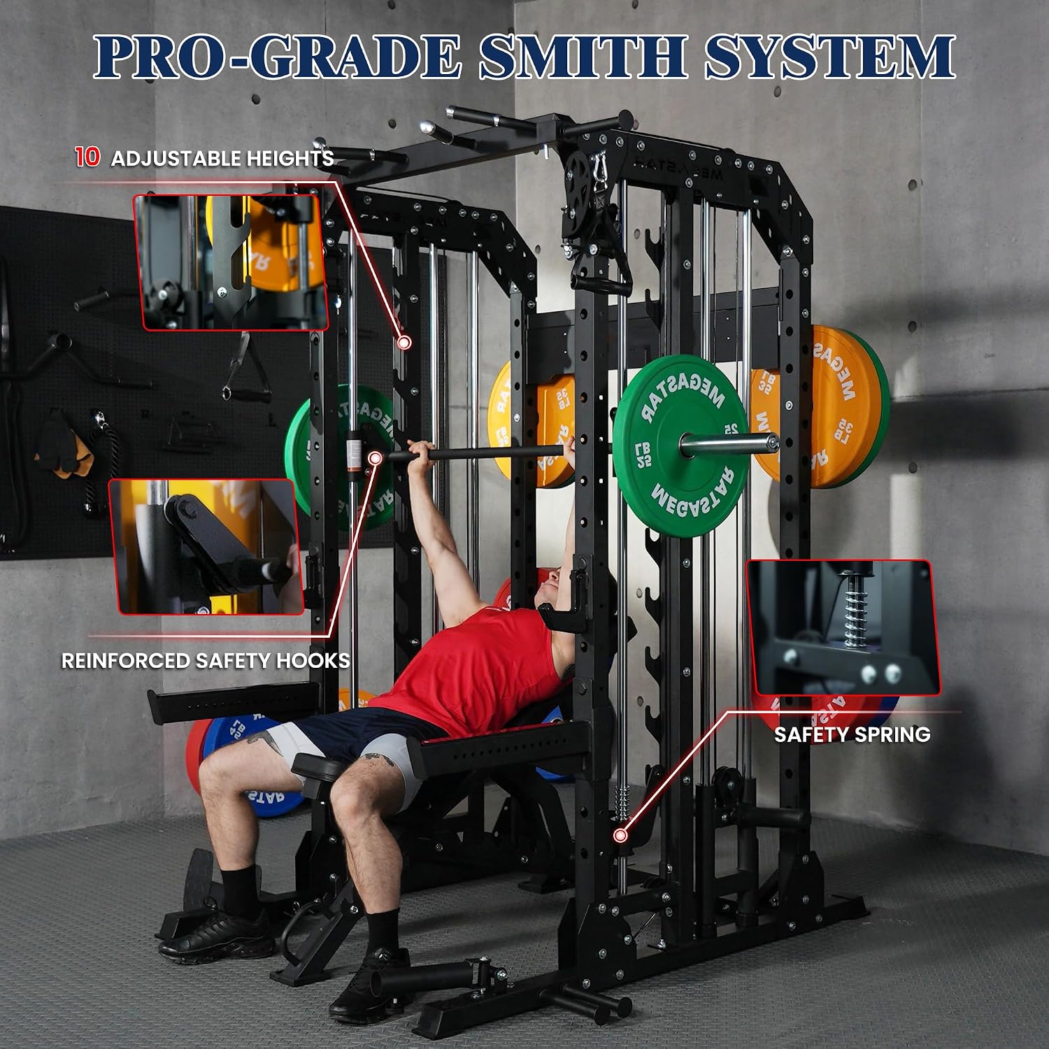 Smith Machine, 2600LBS Squat Rack, 7-in-1 Home Gym Cage with Adjustable Safety Bars, Pull-Up & LAT Pulldown
