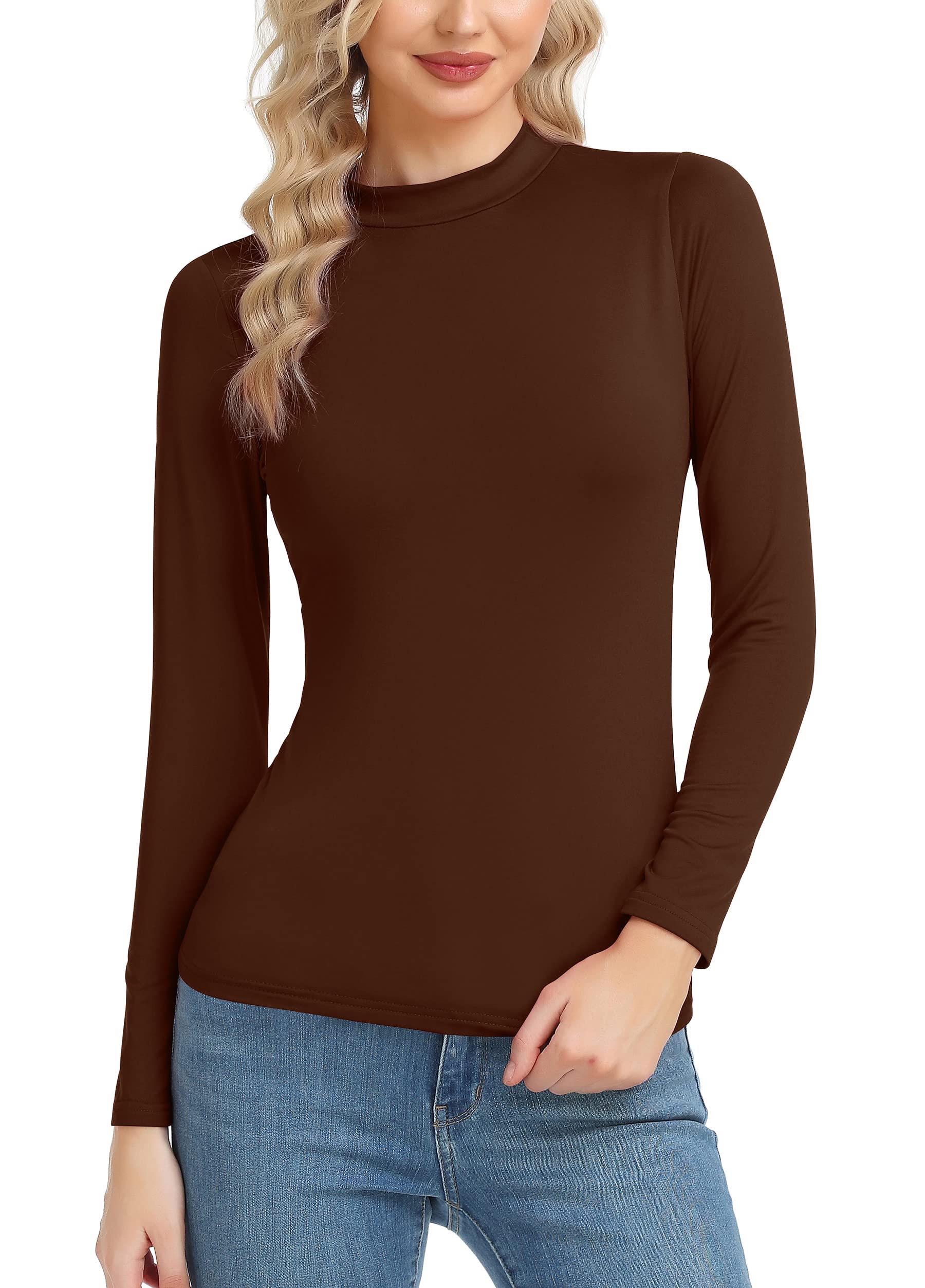 Women's Basic Long Sleeve Thermal Top Lightweight Mock Neck Shirts Slim Fit Layer Soft Top
