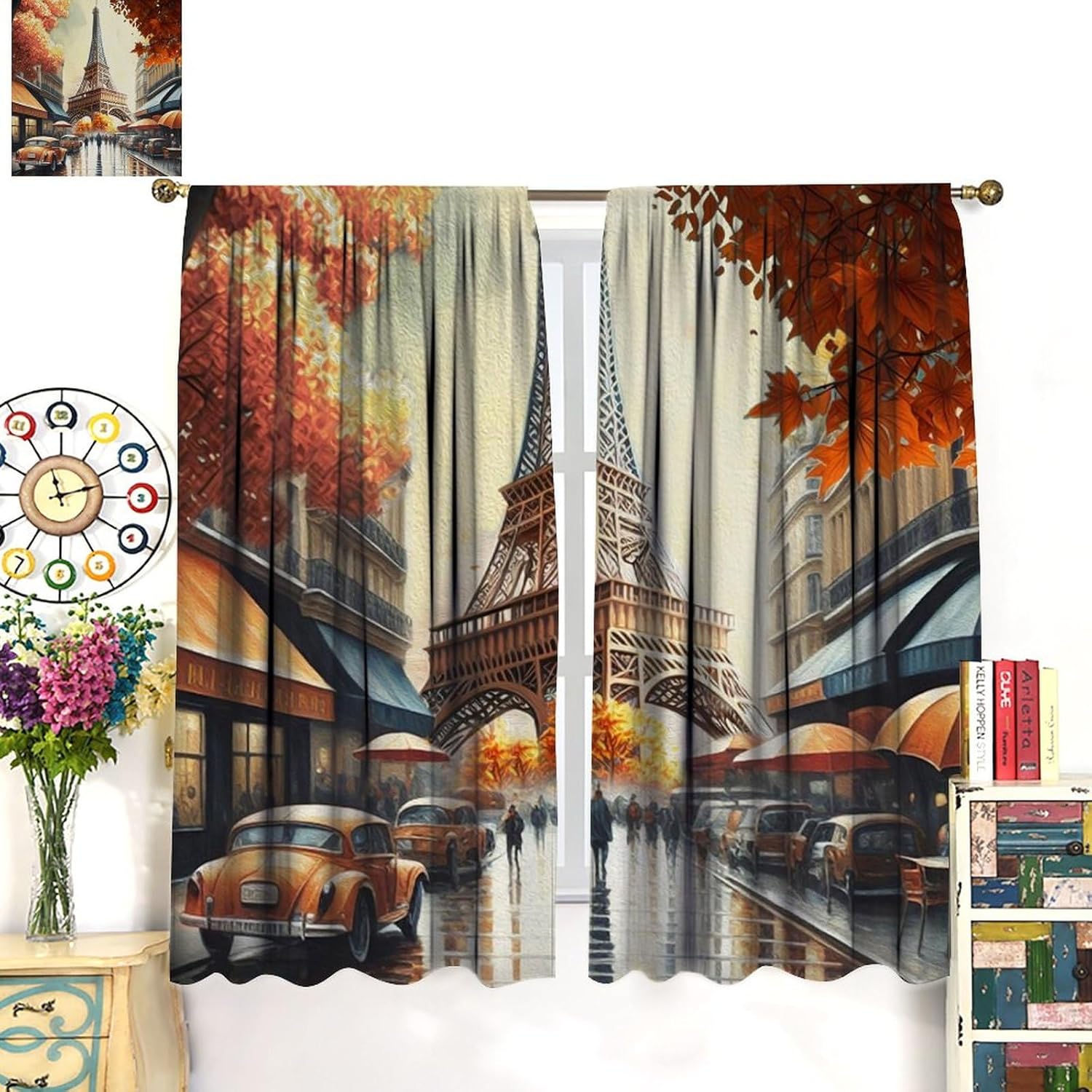Brebasf Vintage Paris City Street Blackout Curtains for Living Room, Watercolor Oil Painting Style Eiffel Tower Fall Maple Leaves Room Darkening Window Curtains with Rod Pocket - 2 Panels 45"L x 21"W