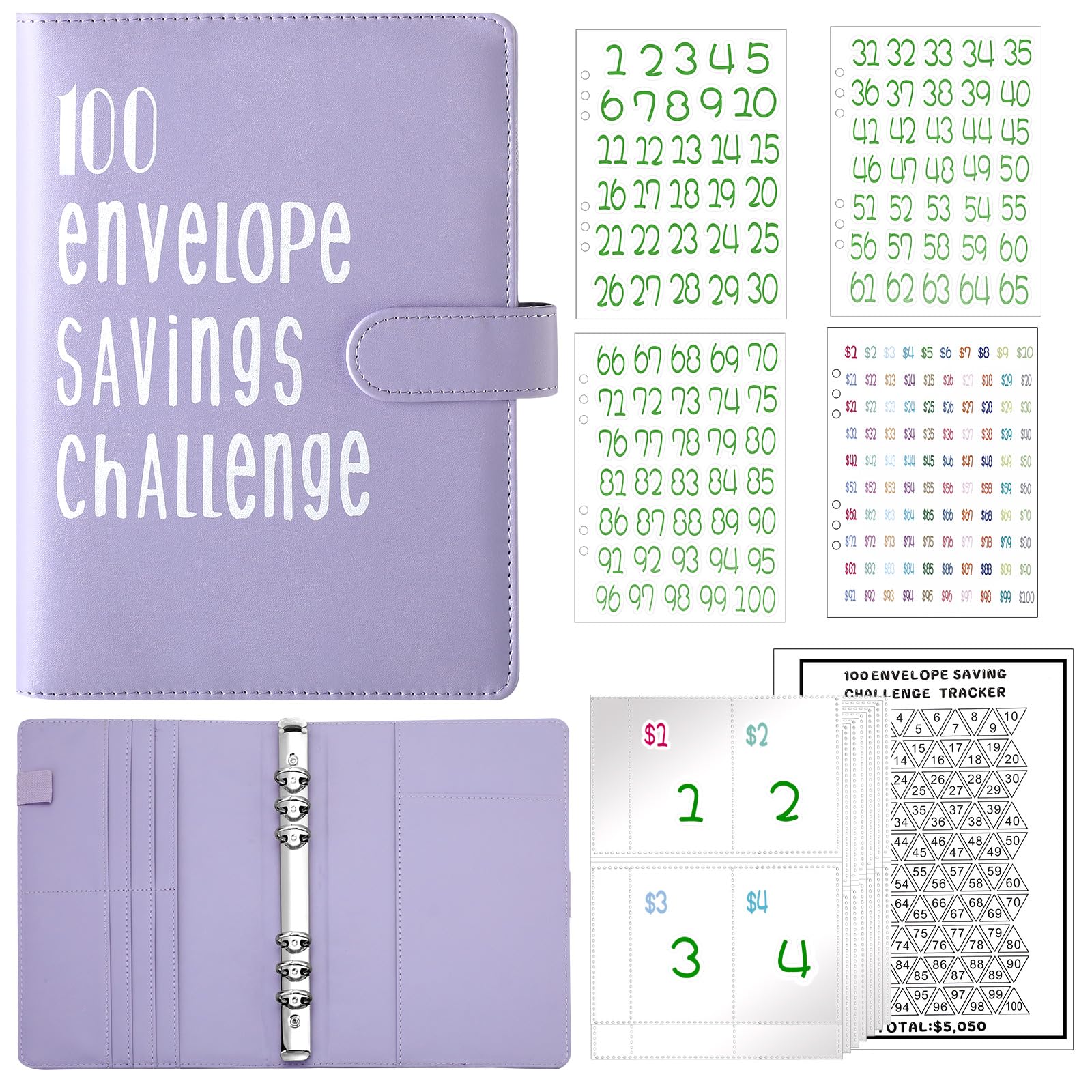 Aliceset 100 Envelope Savings Challenge Binder, Easy and Fun Way to Save 5, 050, Budget Binder Savings Challenge Book with Cash Envelopes for Budgeting Planner Saving Money (Purple)