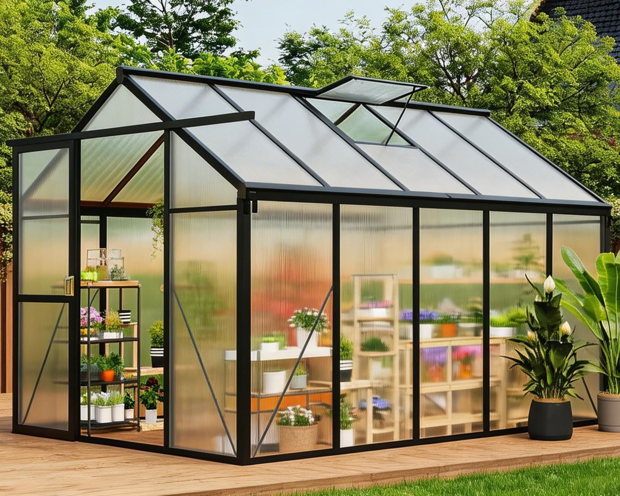 6×10FT Greenhouses for Outdoors, Aluminum Polycarbonate Greenhouses with Roof Vent - Heavy-Duty Walk-in Green Houses for All-Season Backyard Gardening