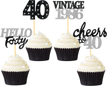 24 Pcs Glitter 40th Birthday Cupcake Toppers for Celebrating Forty Years Old Birthday Party Decorations Black&Silver