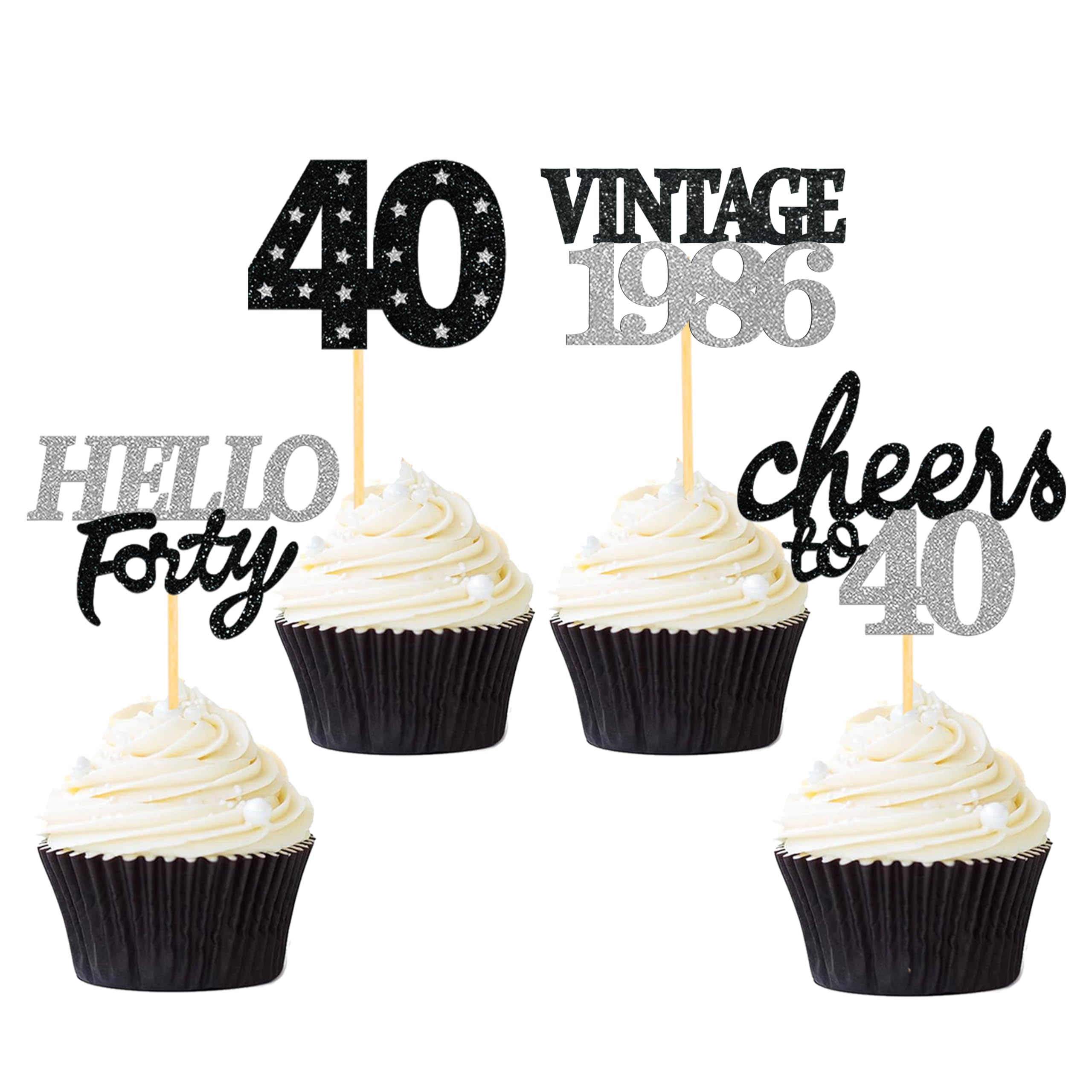24 Pcs Glitter 40th Birthday Cupcake Toppers for Celebrating Forty Years Old Birthday Party Decorations (Black&Silver)