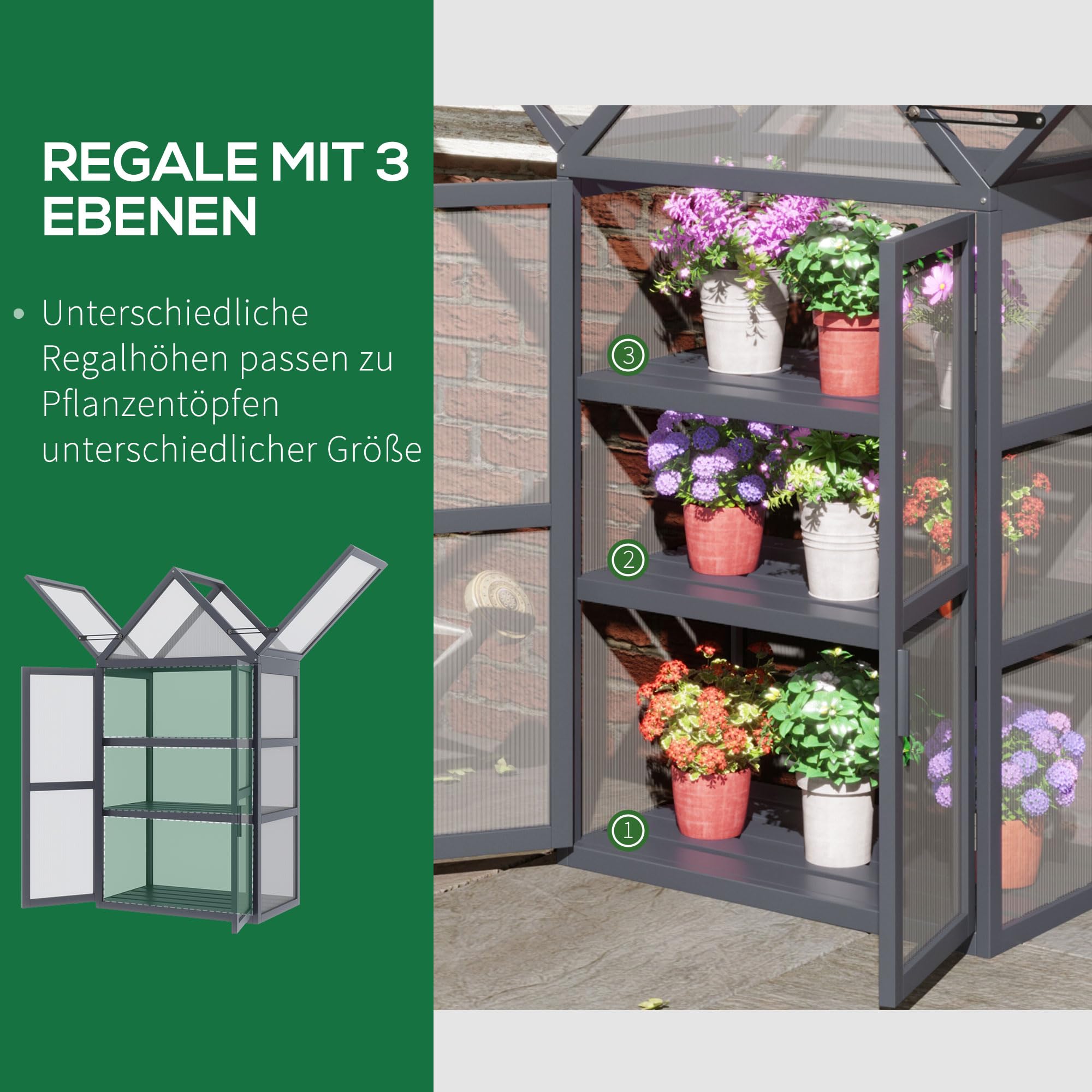 Outsunny Frühbeet Pflanzenbeet mit 3 Ebenen, aufklappbarem Dach wetterfest Mini Gewächshaus mit Doppeltüren Treibhaus aus Holz Polycarbonat Natur 70,5 x 42 x 132 cm