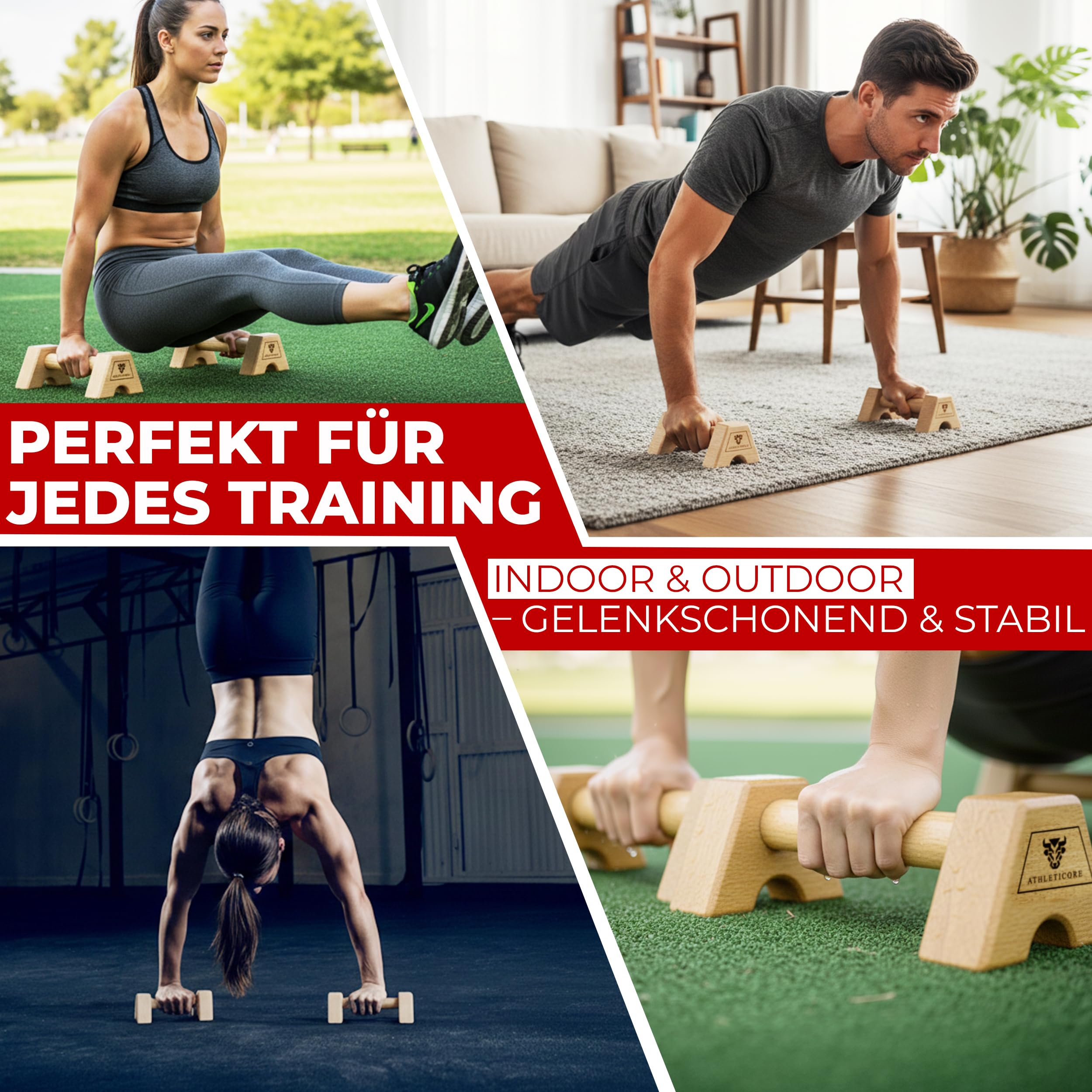 Liegestützgriffe Set (2x) aus Buchenholz - ohne Wackeln - gelenkschonend & rutschfest – Parallettes für Indoor & Outdoor – Optimal für Handstand & Liegestütze - Fitnessgeräte für Zuhause