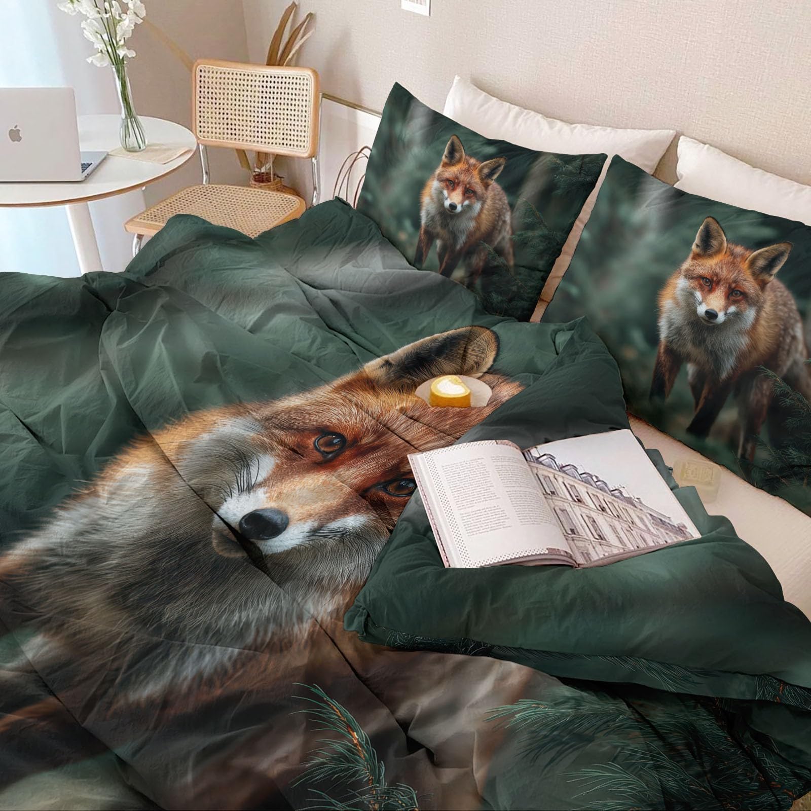 Nowoczesny zestaw pościeli 240 x 220 cm, puszysta pościel z mikrofibry z lisem, dzikimi zwierzętami, realistyczny wzór, poszewka na kołdrę z zamkiem błyskawicznym i poszewką na poduszkę 80 x 80 cm, do