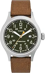 Relógio masculino Expedition Scout de 40 mm – caixa preta e mostrador com pulseira deslizante de couro oliva