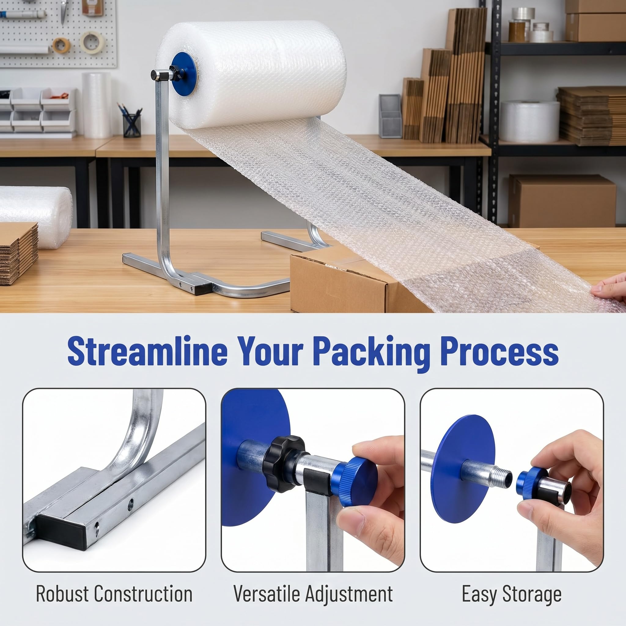 Dispenser per Rotolo di Pluriball, Supporto Manuale per Pluriball in Schiuma, Facile Sostituzione della Pellicola, Acciaio Zincato Rinforzato, Adatto A Pellicole Larghe 50cm