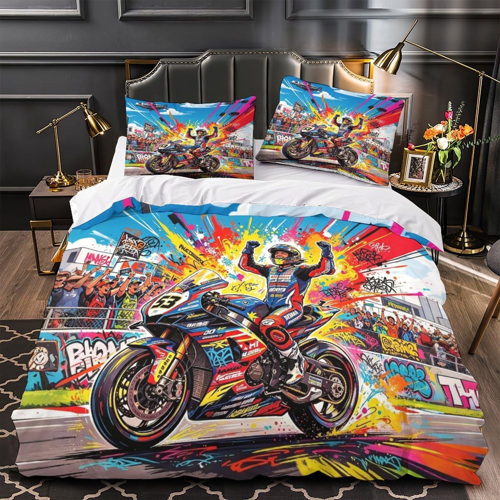 DAFUfbw Championship Moment Bedding Set with Zipper, Comforter Cover 3D Printed Motorcycle Race Quilt Cover with Pillowcase, Duvet Cover Microfiber Single（140x200cm）