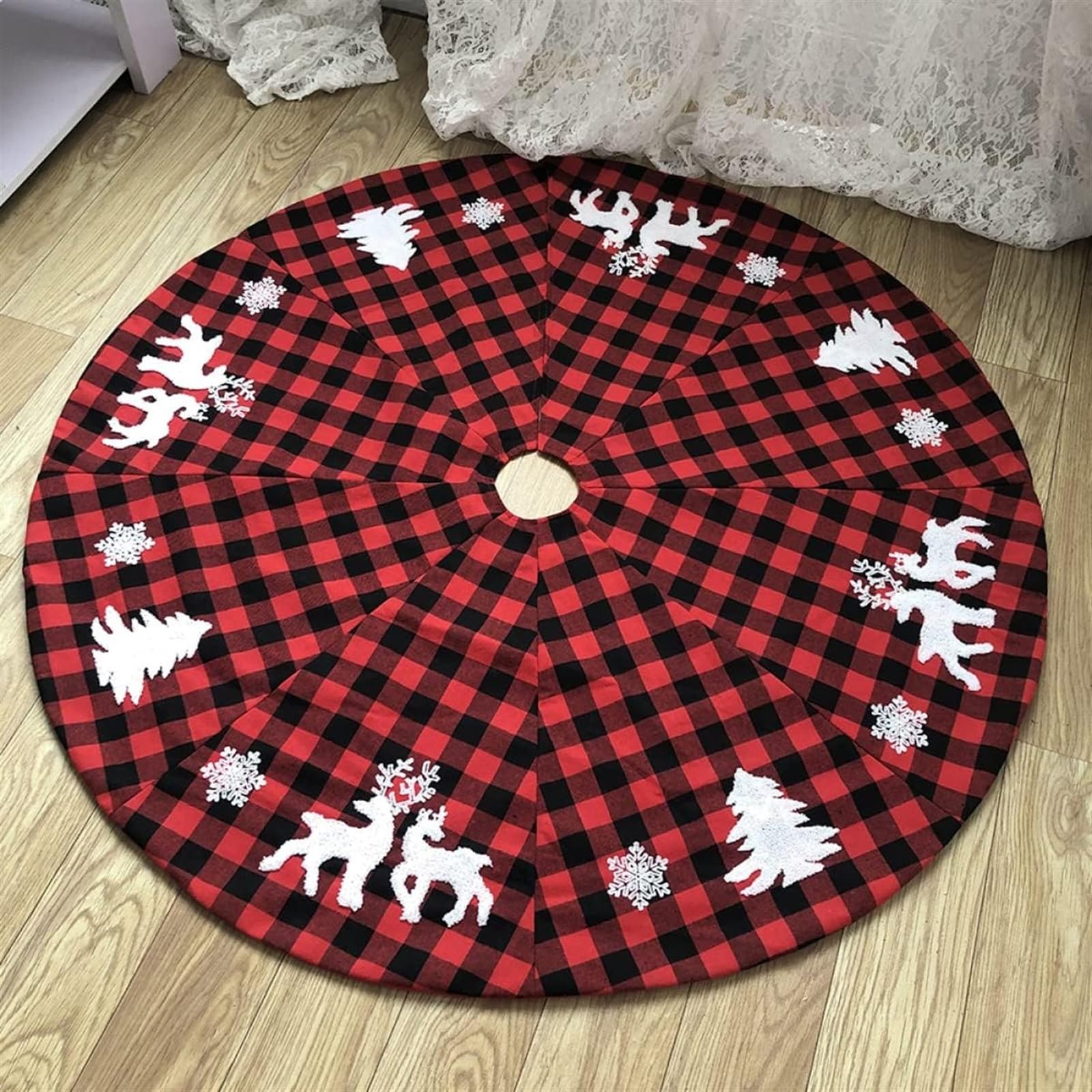 Tappeto Albero di Natale, Gonna Rotonda per Albero di Natale, Renna, Ricamo, Decorazioni Festive per La Casa Festa Forniture(122X122cm)