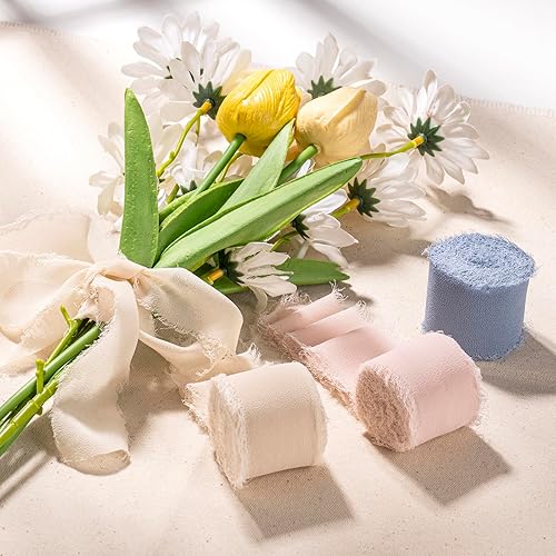 Miniatura 4 de Cinta de gasa, 3 rollos de cinta de gasa de seda con flecos de color verde oscuro hecho a mano de 1.5 pulgadas x 7 yardas, juego de cintas para