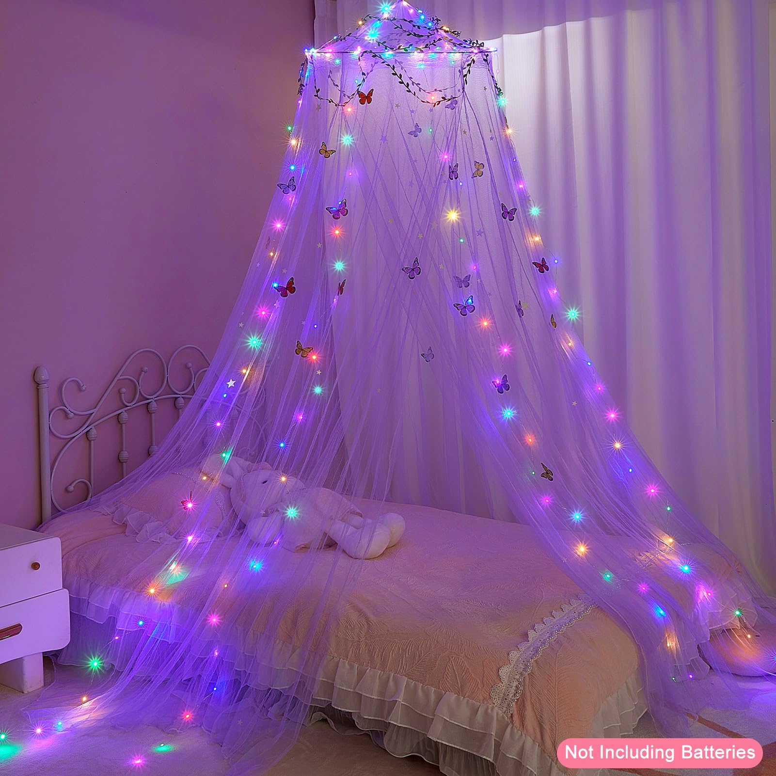 FIOBEE Baldachim na łóżko do pokoju dziewczęcego, baldachim na łóżko, zasłony ze światłami LED, moskitiera, DIY, wystrój pokoju księżniczki, dekoracja pokoju z gwiazdami, motyle, do sypialni