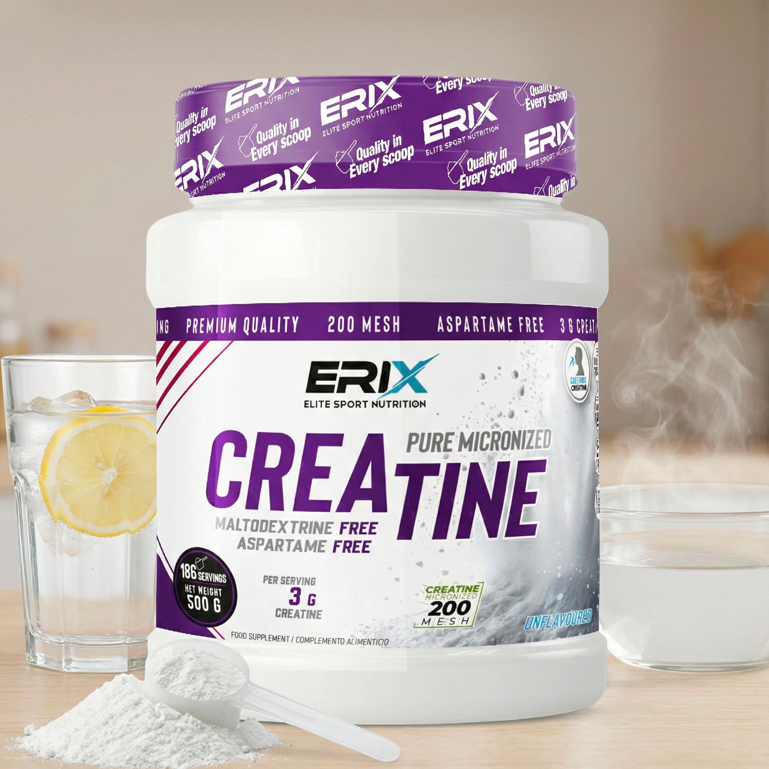 ERIX Nutrición Creatina Monohidrato 200 Mesh Neutra - Pack de 2 x 500g (1 Kg, 332 Dosis) - Polvo Micronizado 100% Puro sin Sabor para Entrenamiento, Mejora la Fuerza Muscular y la Recuperación