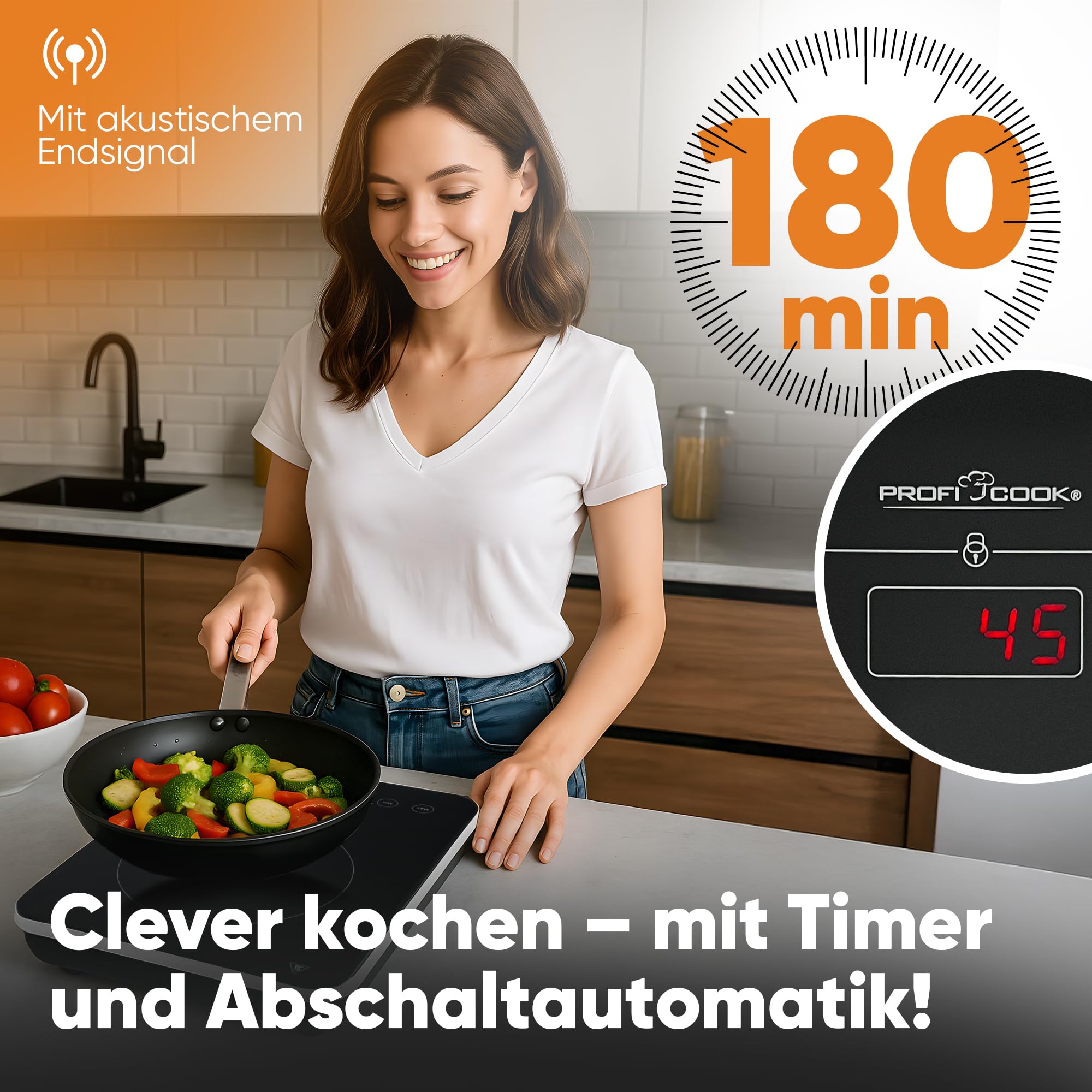 ProfiCook® Induktions-Einzelkochplatte | Schnelle Erhitzung durch Induktion | ECO-Save | Sensor Touch | Kochfeld mit 10 Leistungsstufen | Timer | Herdplatte mit Überhitzungsschutz | PC-EKI 1062
