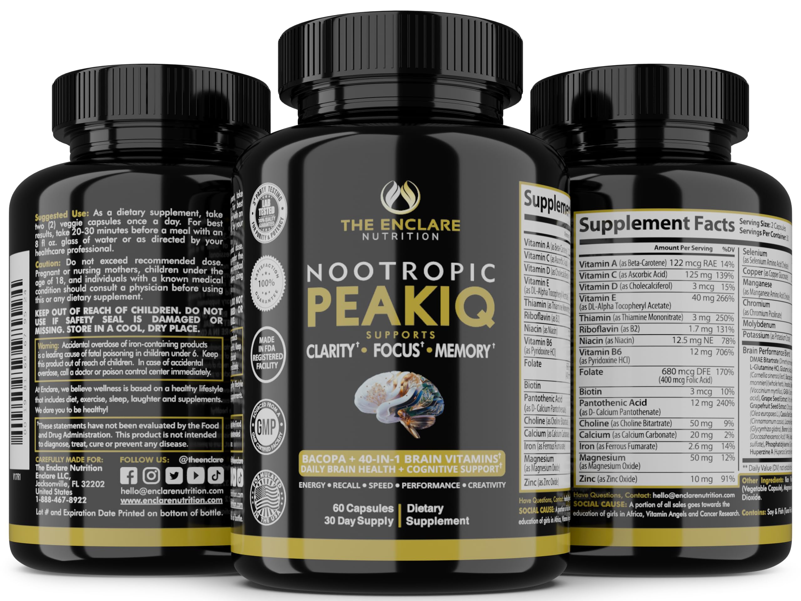 Nootropic Brain Booster, Focus Supplement, Clarity, Memory, Brain Vitamins With 40 Nootropics Phosphatidylserine, Bacopa Monnieri, Huperzine A, DMAE, Inositol, L-Glutamine, Selenium, Choline, DHA (1) — Amazon image 2