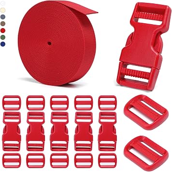 BEYOURD Buckle and Strap Set, 10 Yards Polyester Webbing Strap with 6 Pack Dual Adjustable Side Release Plastic Buckles, 12 Pieces Tri-Glide Slider Clips for Dog Collar Everyday Series 1 Inch, Red