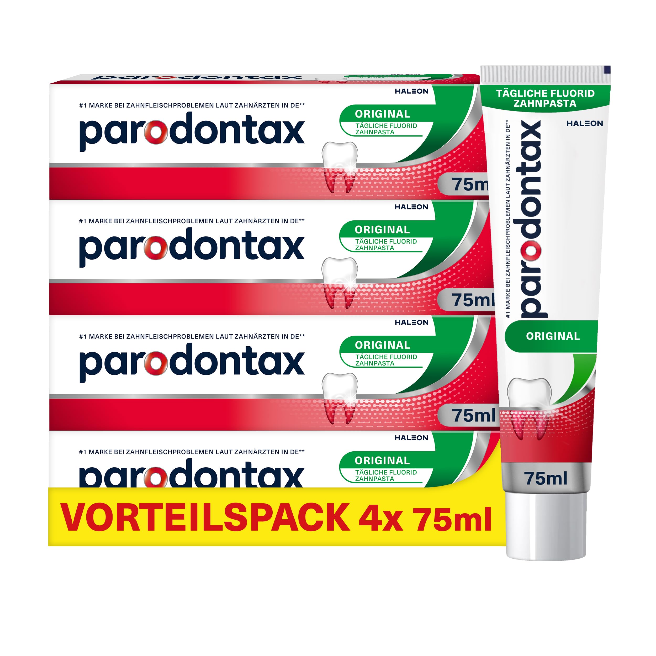 Parodontax Original Zahnpasta, 4x75ml Zahncreme, hilft Zahnfleischbluten zu reduzieren und vorzubeugen