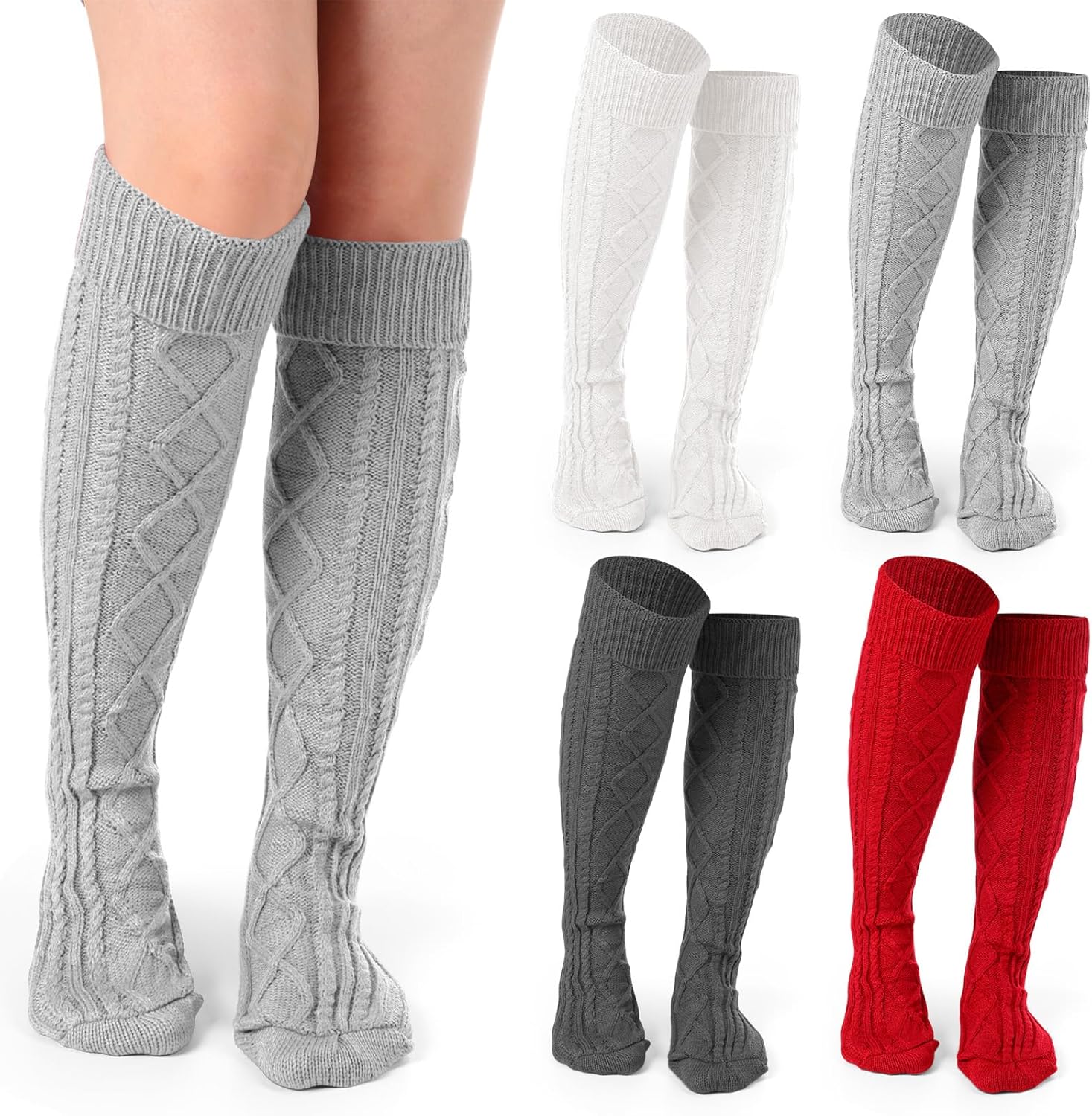 Toulite 4 Pairs Cable Knit Knee High Socks for Women Long Boot Stockings Socks, Long Warm Leg Warmers Winter