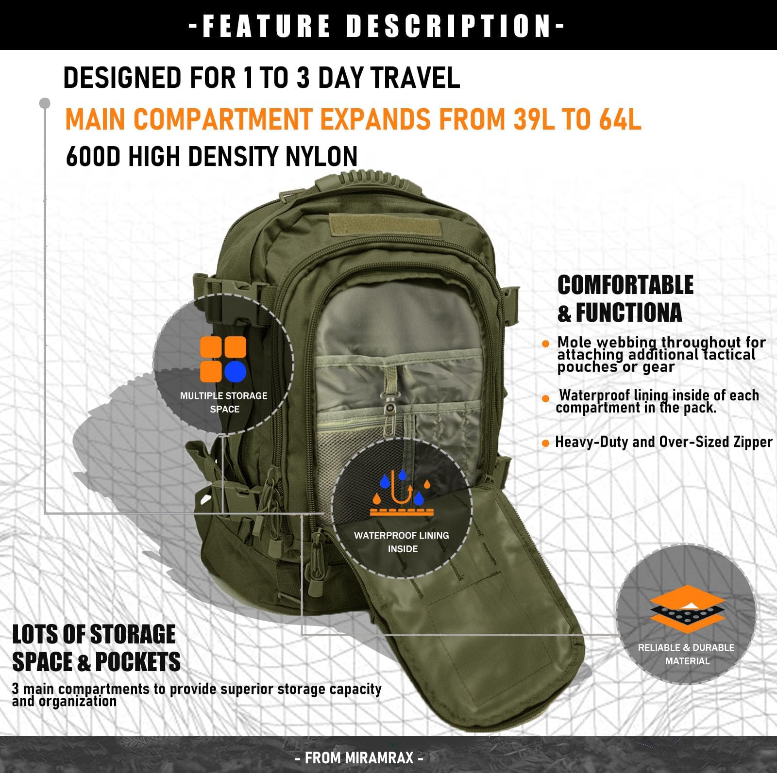 Miramrax Plecak taktyczny, wojskowy, wędrówki, plecak dzienny – plecak Molle dla mężczyzn, 3-dniowy plecak Assault Pack, torba bug-out na kemping