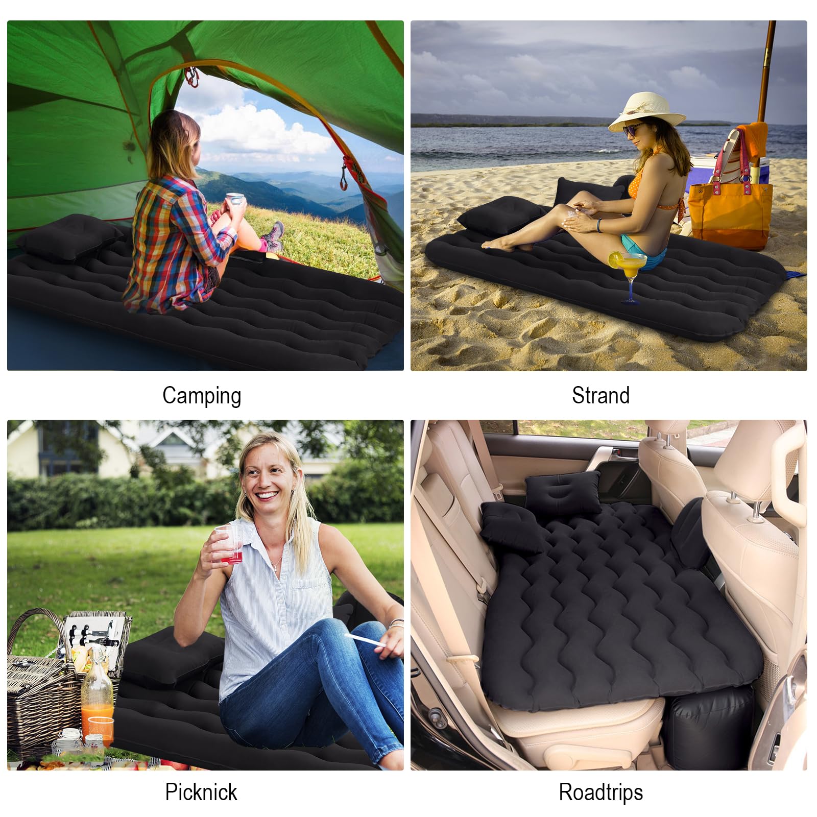 Auto Luftmatratze 128x70cm Aufblasbare Matratze für Rücksitz & Kofferraum, Tragbares Auto Reisebett inkl. 2 Kissen, Dickere Kofferraum-Matratze für Camping, Draußen und Reisen Schwarz (Schwarz)