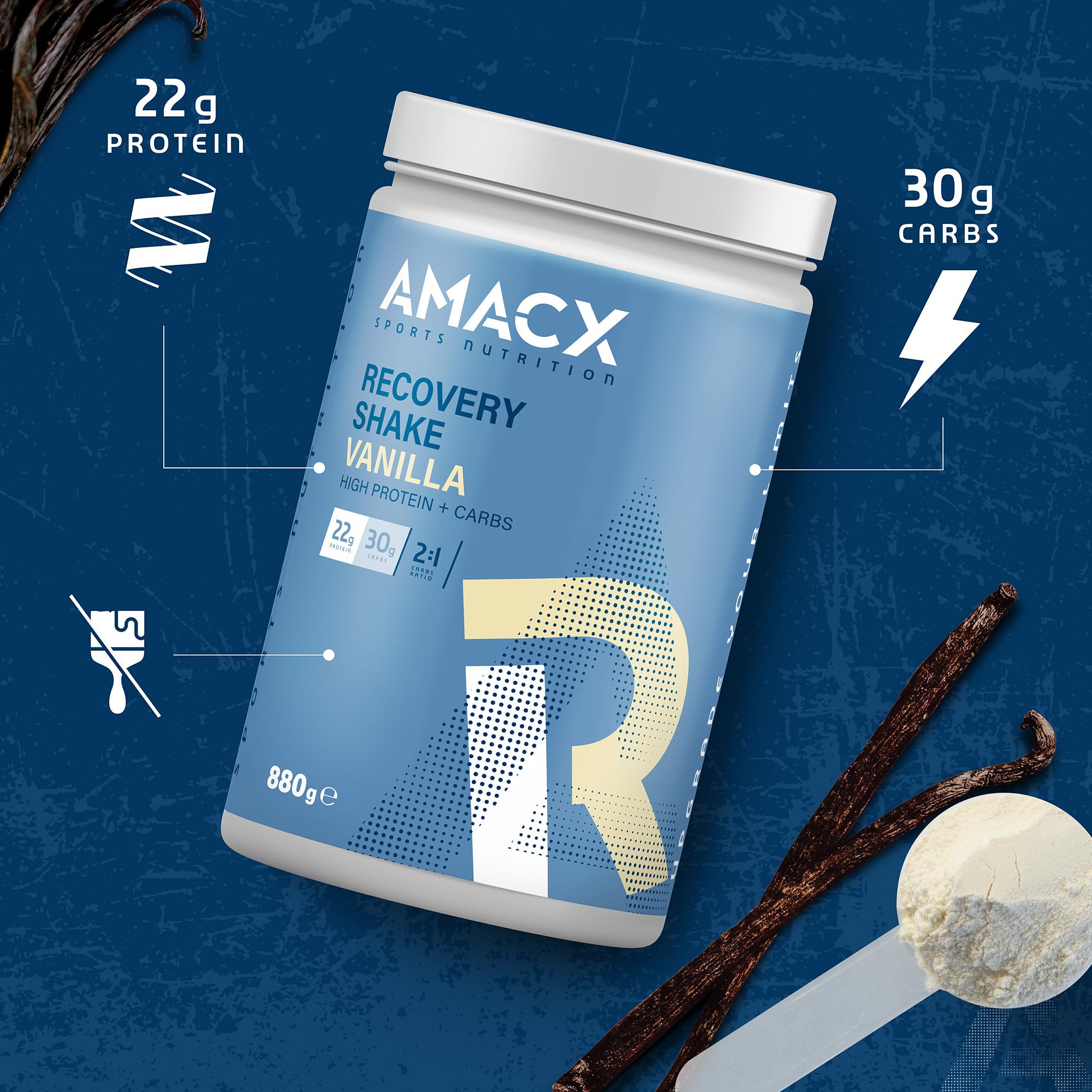 AMACX Recovery Proteina en Polvo – 880g – Proteinas Whey para una Óptima Recuperación Muscular – Alto contenido en Carbohidratos y Whey Protein – Vainilla