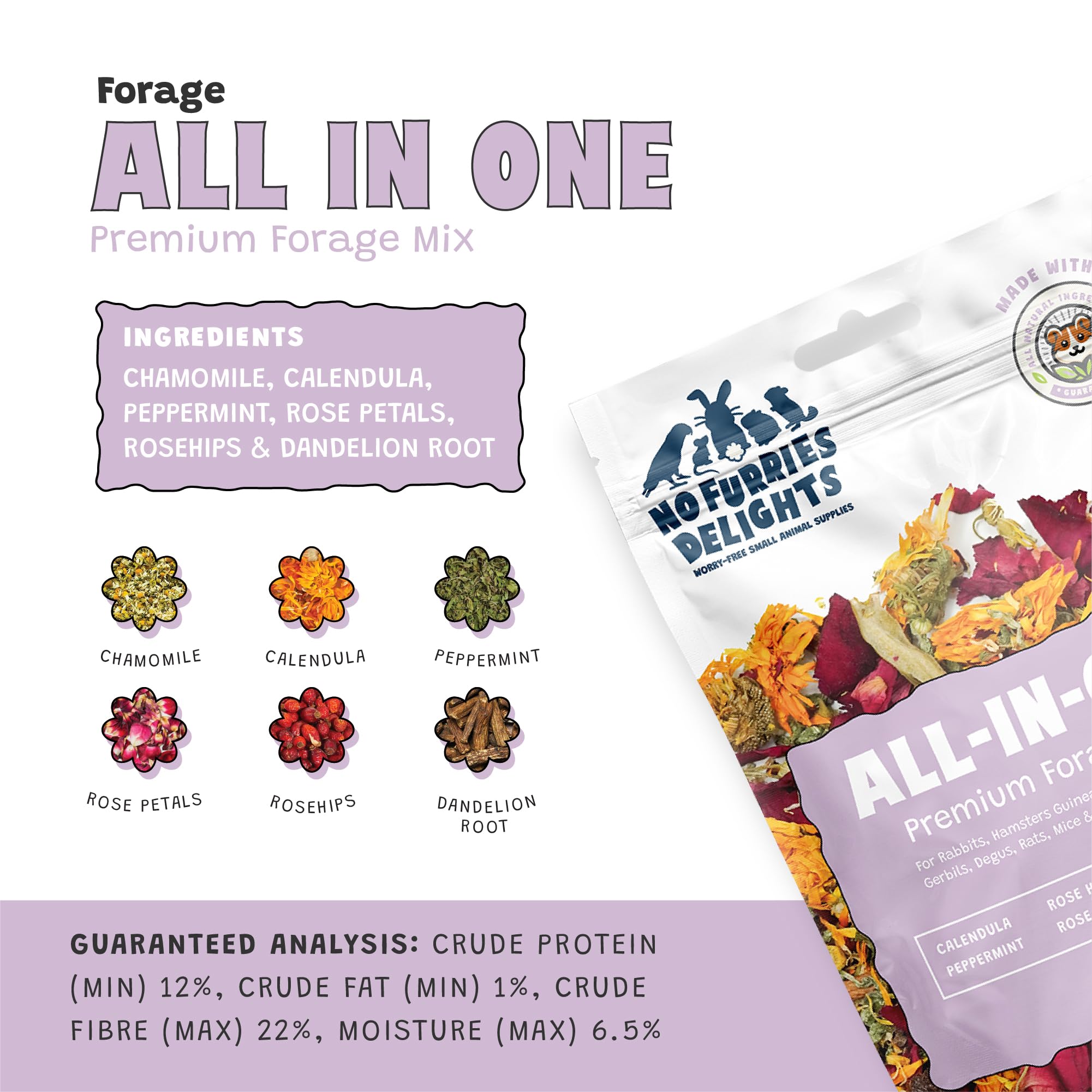 Forage Mix,100% All Natural Botanical Herb Treat for Rabbit Hamster Guinea Pig Chinchilla Chicken Hermit Crab Gerbil Degu & Other Small Animals (All in One Forage Mix 30g)
