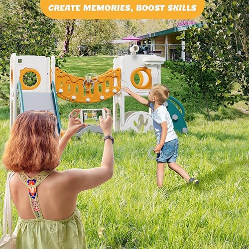 Miniatura 4 de Juego de parque infantil con arco de escalada, juego de golf, tobogán y aro de baloncesto, juguetes para exteriores, equipo de jardín de plástico