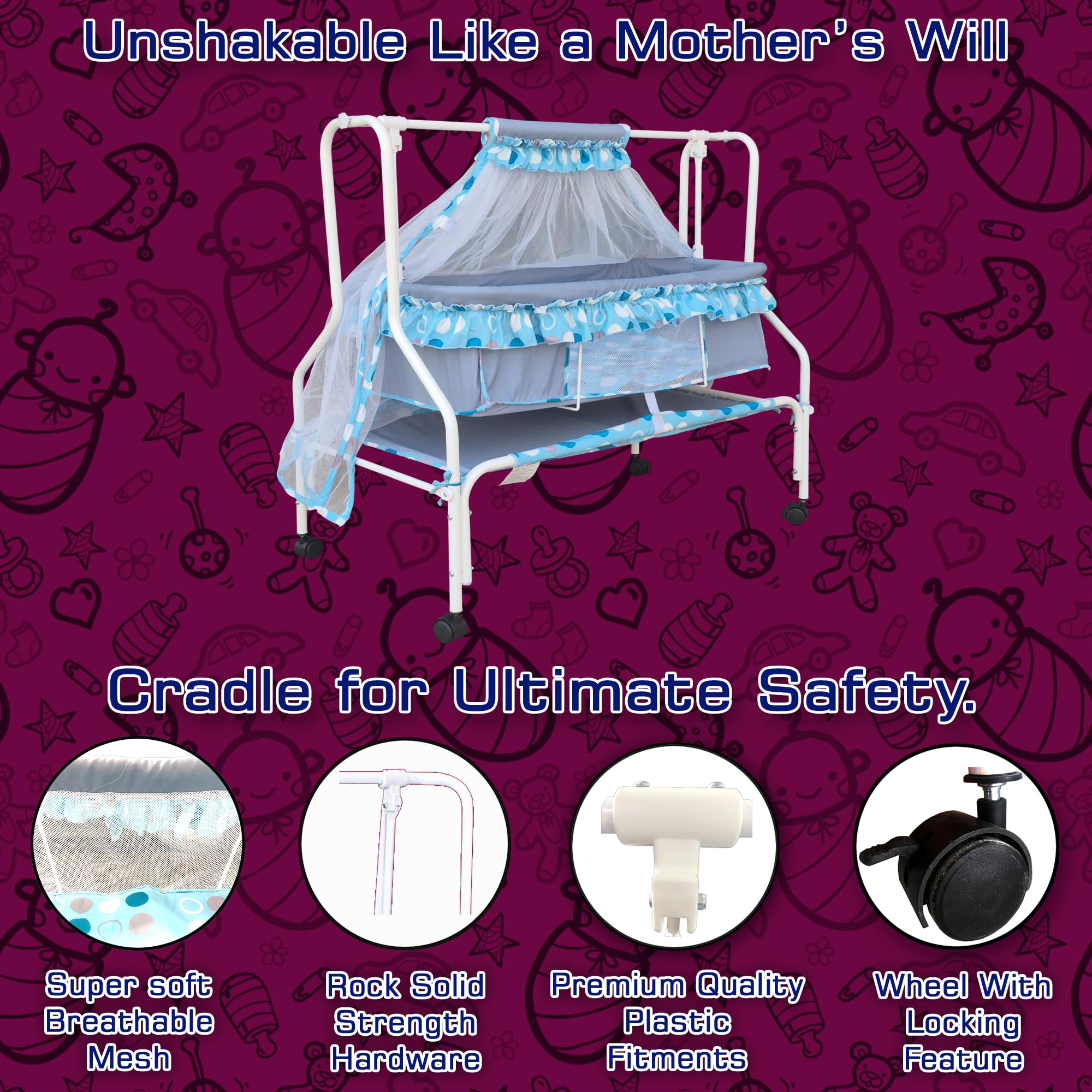 Kiddery Ares | Cradle for Baby | New Improved Mattress Design | Mosquito Protection Net | Smooth Swing | All Wheel Lock | Palna | Jhula | Uyyala | 0-10 Months | Blue 2