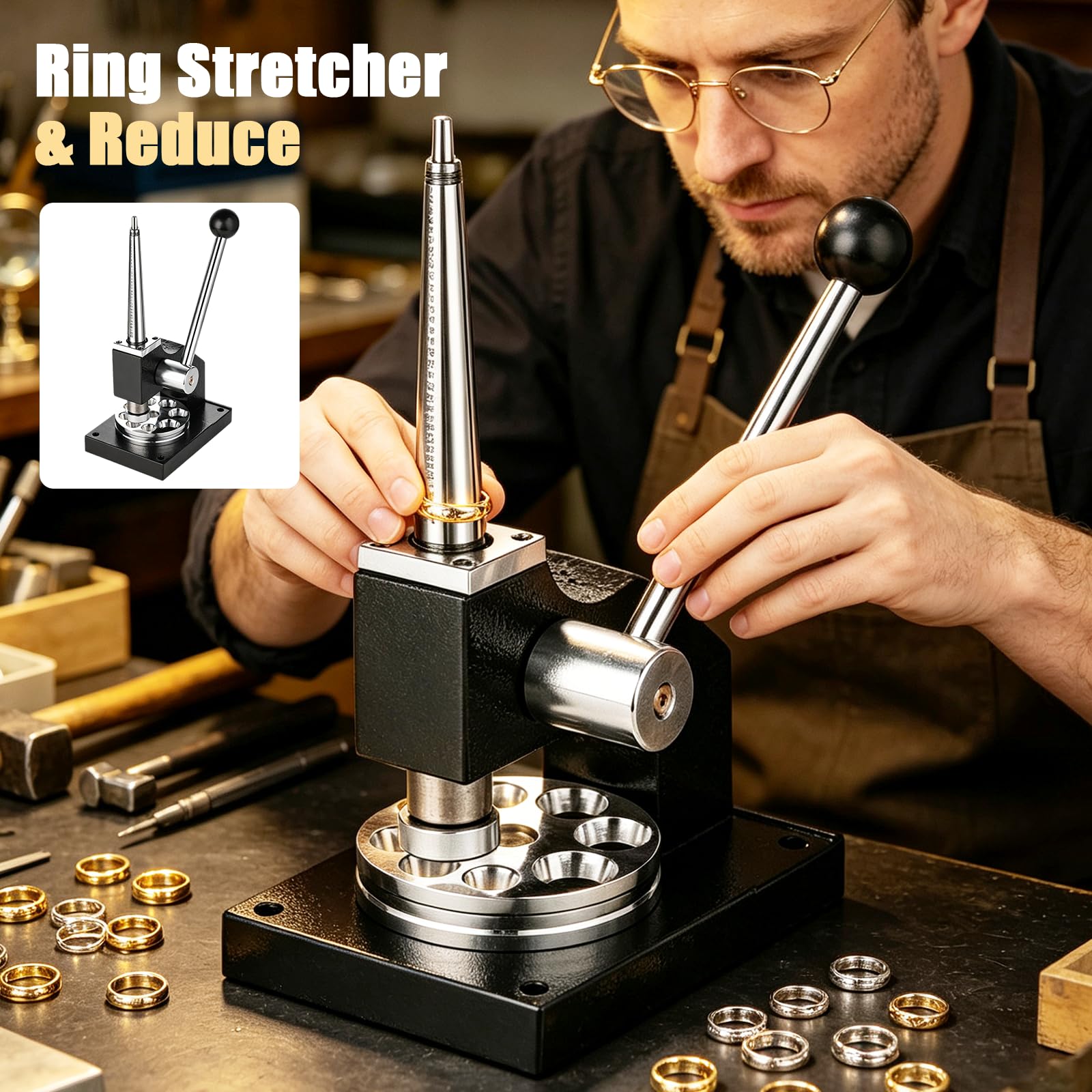 Ajustador de Anillos, Ensanchador y Reductor de Anillos Manual con Escalas | Ajustador de Talla para Anillos Profesional con Mandril de Palanca Vertical para Orfebres Joyeros y Talleres de Reparación