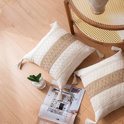 Miniatura 9 de Funda de almohada decorativa tejida con acento de granja para sofá, 18 x 18 pulgadas, decoración de arpillera, cojín bohemio neutro con borlas para