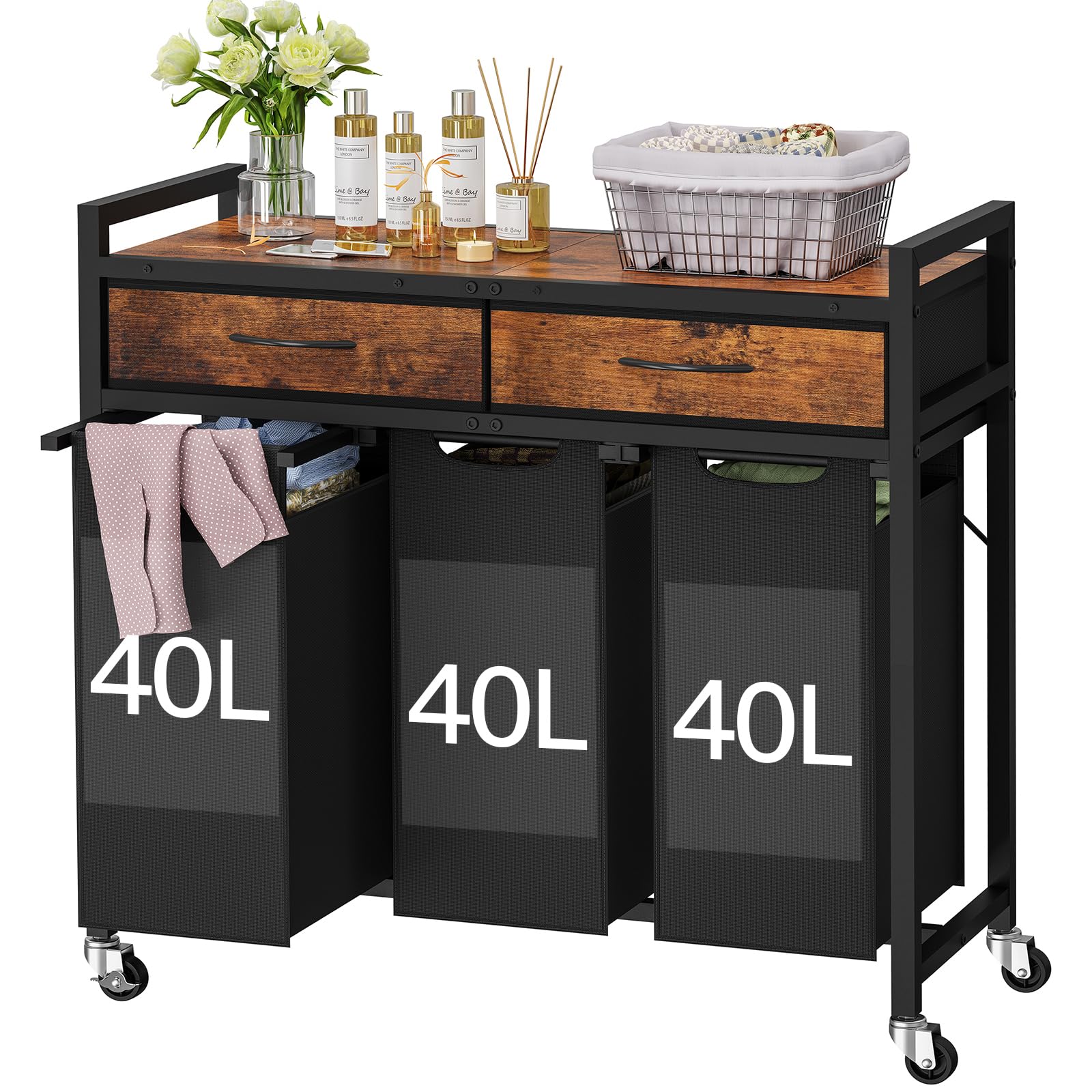 Laundry Sorter 3 Section, 120 L Laundry Hamper with 2 Drawers &amp; 2-tone Top Panel, Rolling Laundry Basket Organizer with Pull-Out Removable Oxford Fabric Bags for Laundry Room Organization
