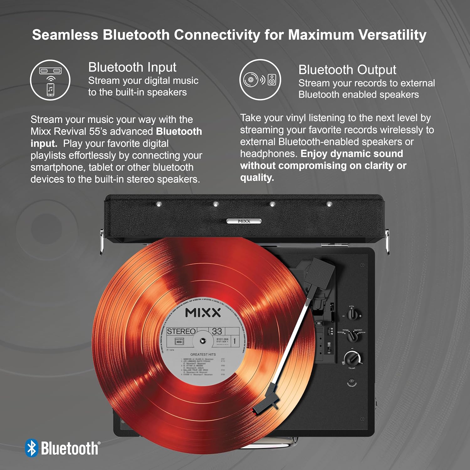 Mixx Revival 55 Portable Suitcase Vinyl Record Player with Built-in Stereo Speakers, Bluetooth Input & Output, 33 1/3 & 45 RPM Speeds with Adapter, Retro Style, AC Adapter