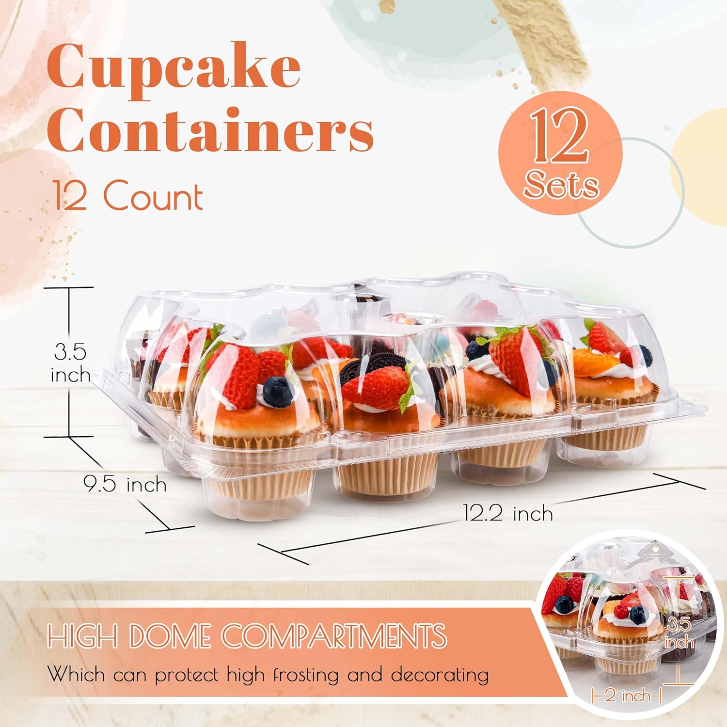 12 Count Cupcake Containers 25 Pack Cupcake Holders with Detachable Tall Dome Lids Clear Plastic Stackable Cupcake Boxes for 300 Cupcakes, BPA Free, Standard Size