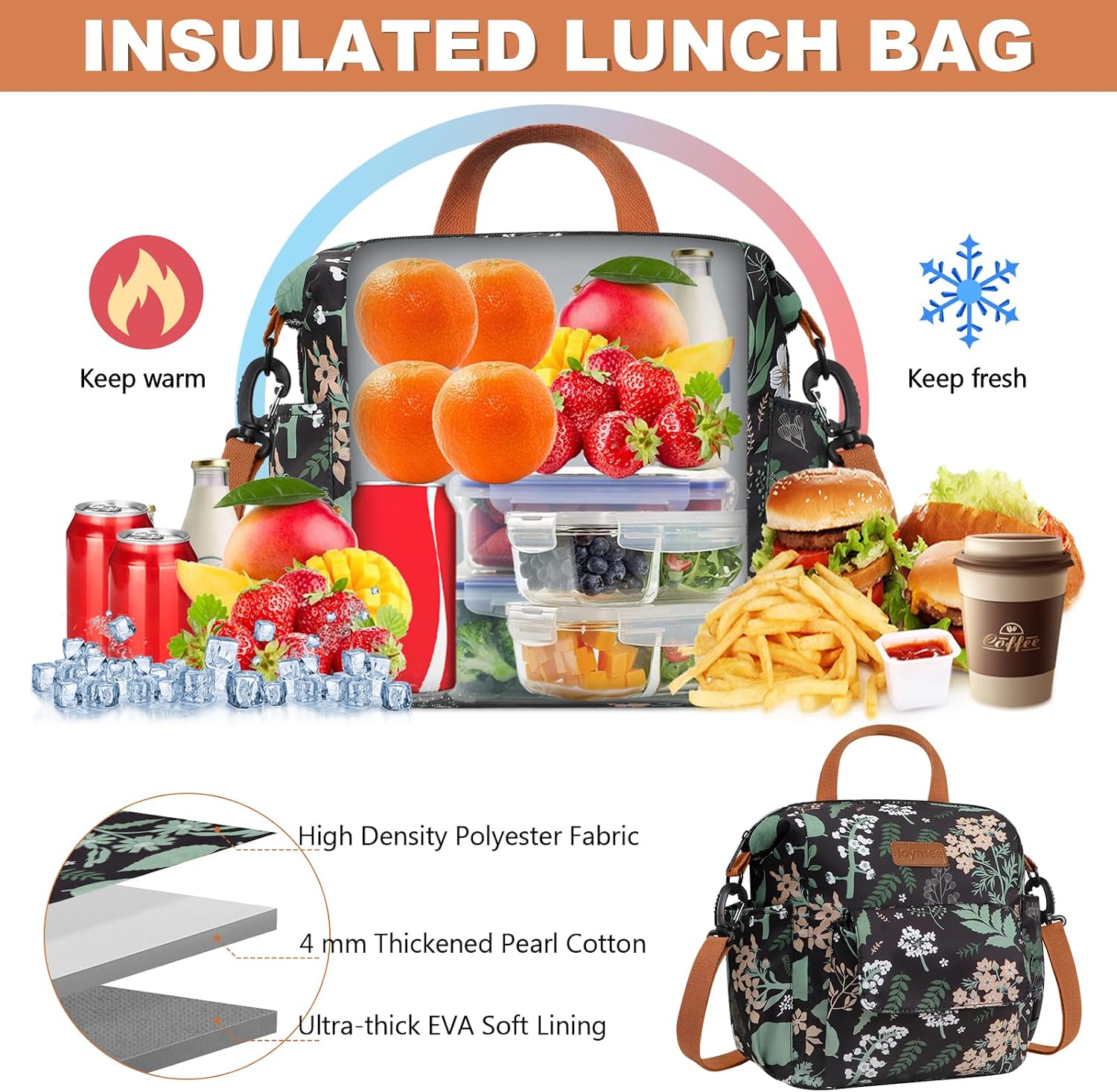 Joymee Insulated Lunch Bag For Women Reusable Lunch Tote Bag-Green Leaf image 2