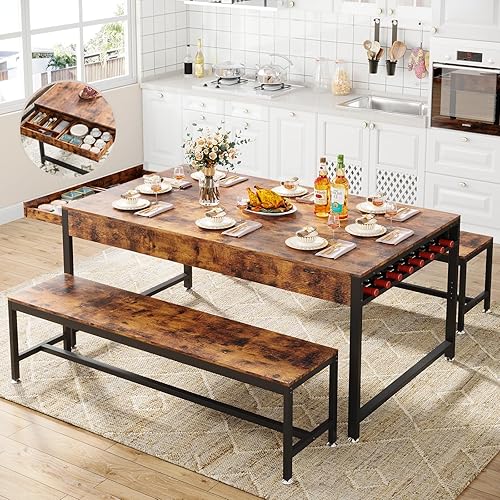 Loomie 63" Dining Table Set for 4-6, 3-Piece Kitchen Table with 2 Utensil Drawers, 2 Benches & Wine Rack, Modern Space Saving & Heavy Duty Dinner