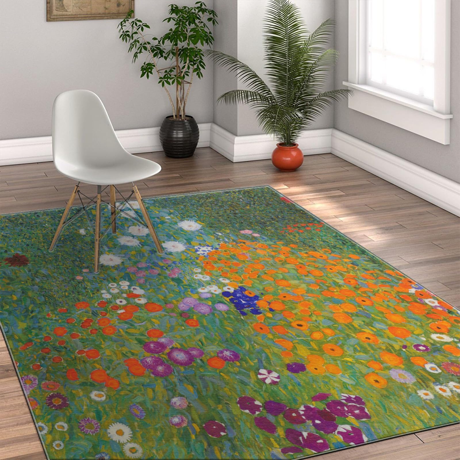 Tapis de salon lavable pour chambre style jardin fleuri coloré