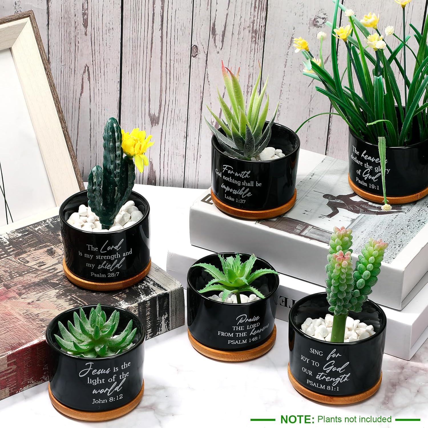 9 Pcs Inspirational Bible Verse Gifts Black Ceramic Succulent Pots with Bamboo Saucers Christian Decor Perfect Religious Gift for Home Office for Mother's Day Graduation Teachers Nurses