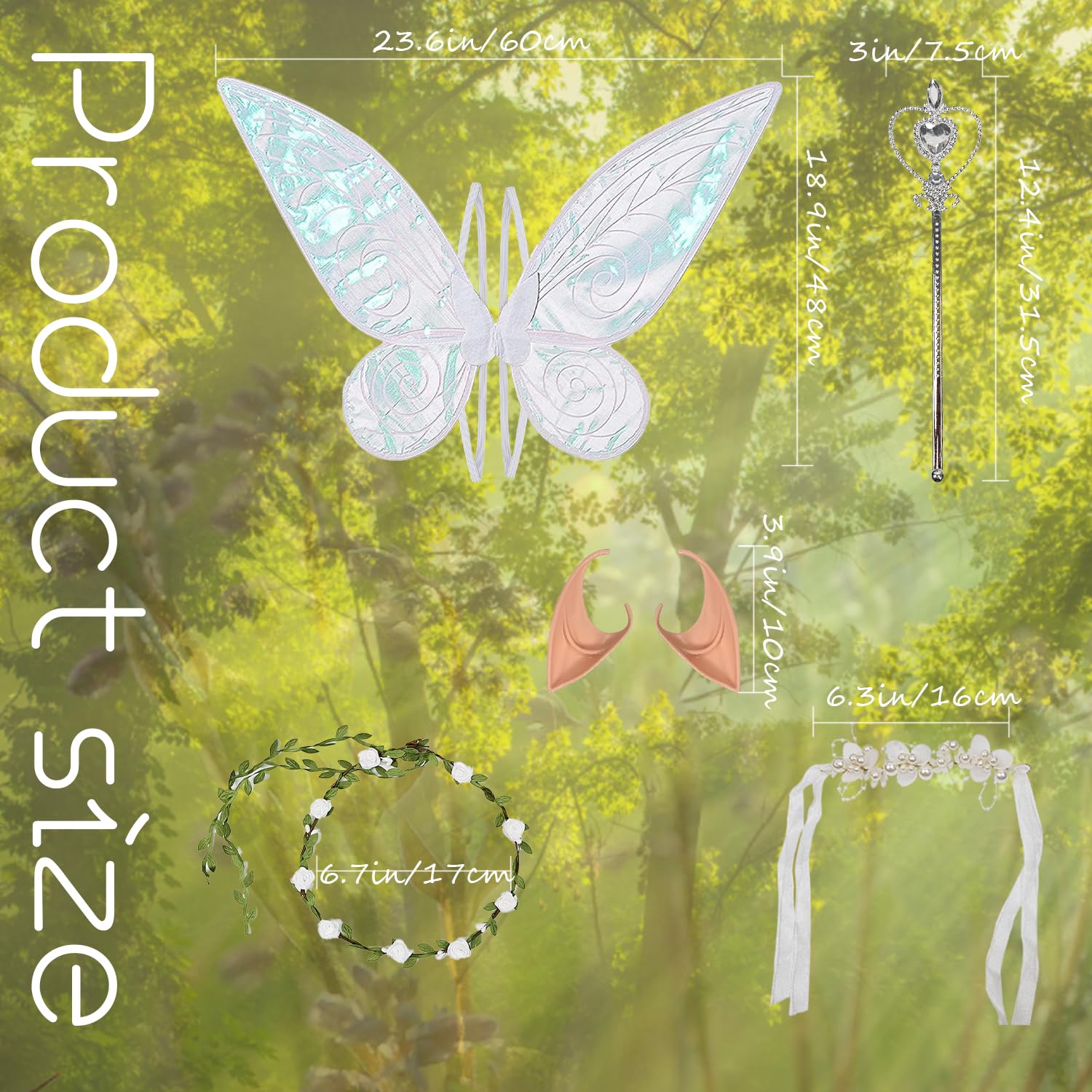 Fairy Wings Costume Butterfly Fairy Wings Angel Wings with Fairy Wings Wand Ears Garland Bracelet for Halloween Cosplay White