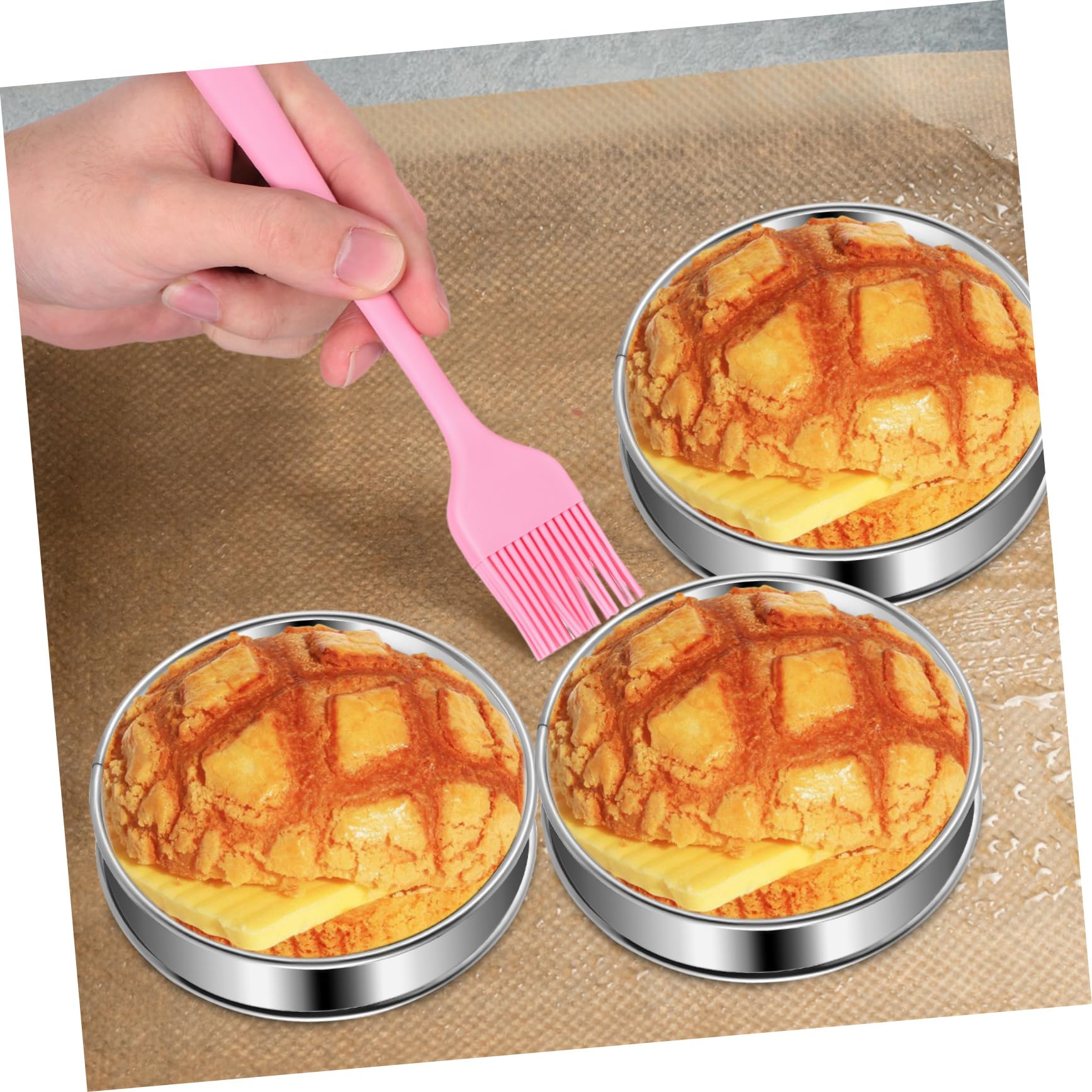Luxshiny Moldes Redondos para Hornear Galletas y Pasteles de 4 Pulgadas | Acero Inoxidable, Borde Rizado, 1 Juego con Cepillo, Uso Doméstico Anfitriones de Fiesta