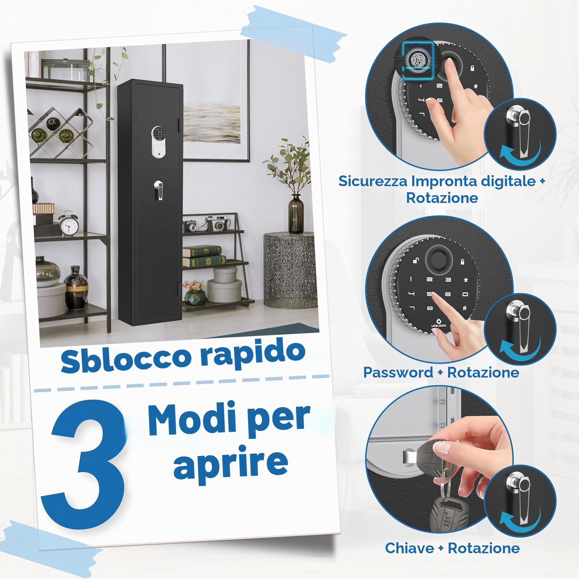 NAIZY Armadietto per armi 30 x 28 x 138 cm, cassaforte per armi corte con serratura a combinazione touch screen e serratura per impronte digitali
