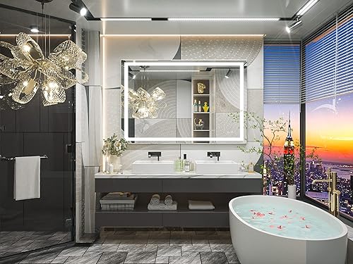 Miniatura 9 de TETOTE Espejo de baño con iluminación LED de 40 x 32 LED, regulable y función antivaho con luces LED, vidrio templado, inastillable